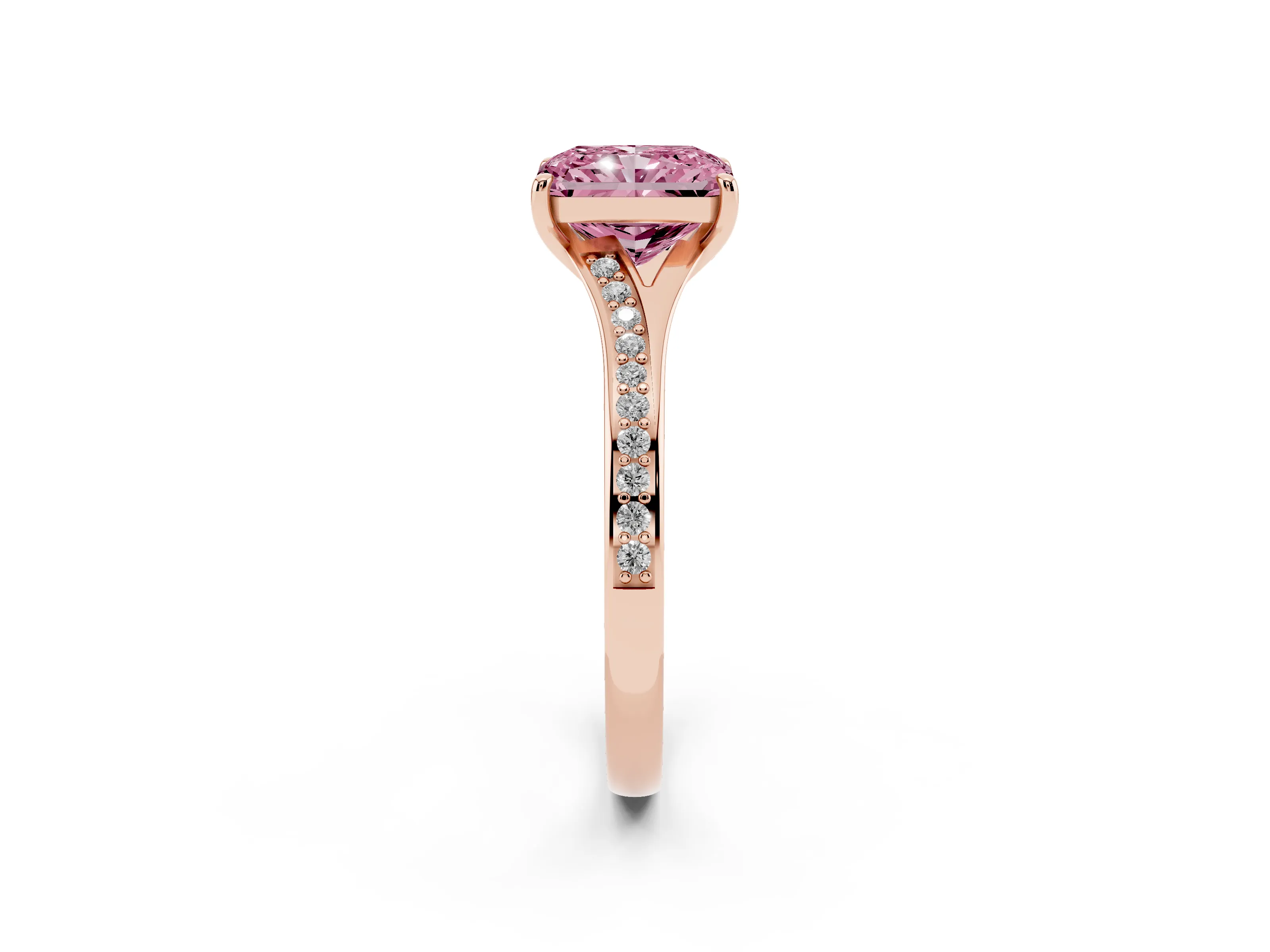 Fancy Pink Radiant Cut Diamond Solitaire Ring Set in Rose gold with Pavé Accent Band and Classic Prong Setting