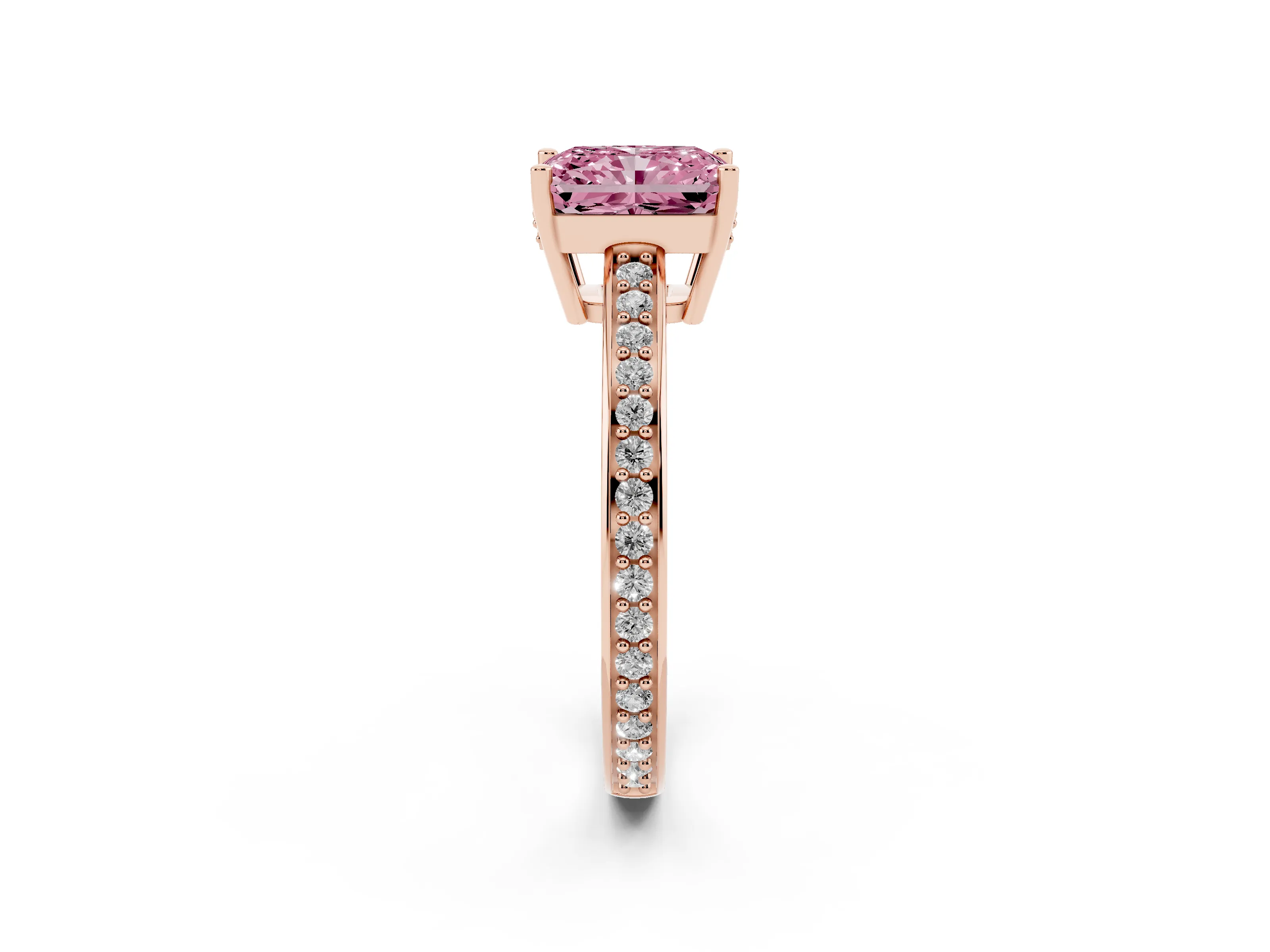 Fancy Pink Radiant Cut Diamond Pavé Band Prong Set Solitaire Ring Set in Rose gold