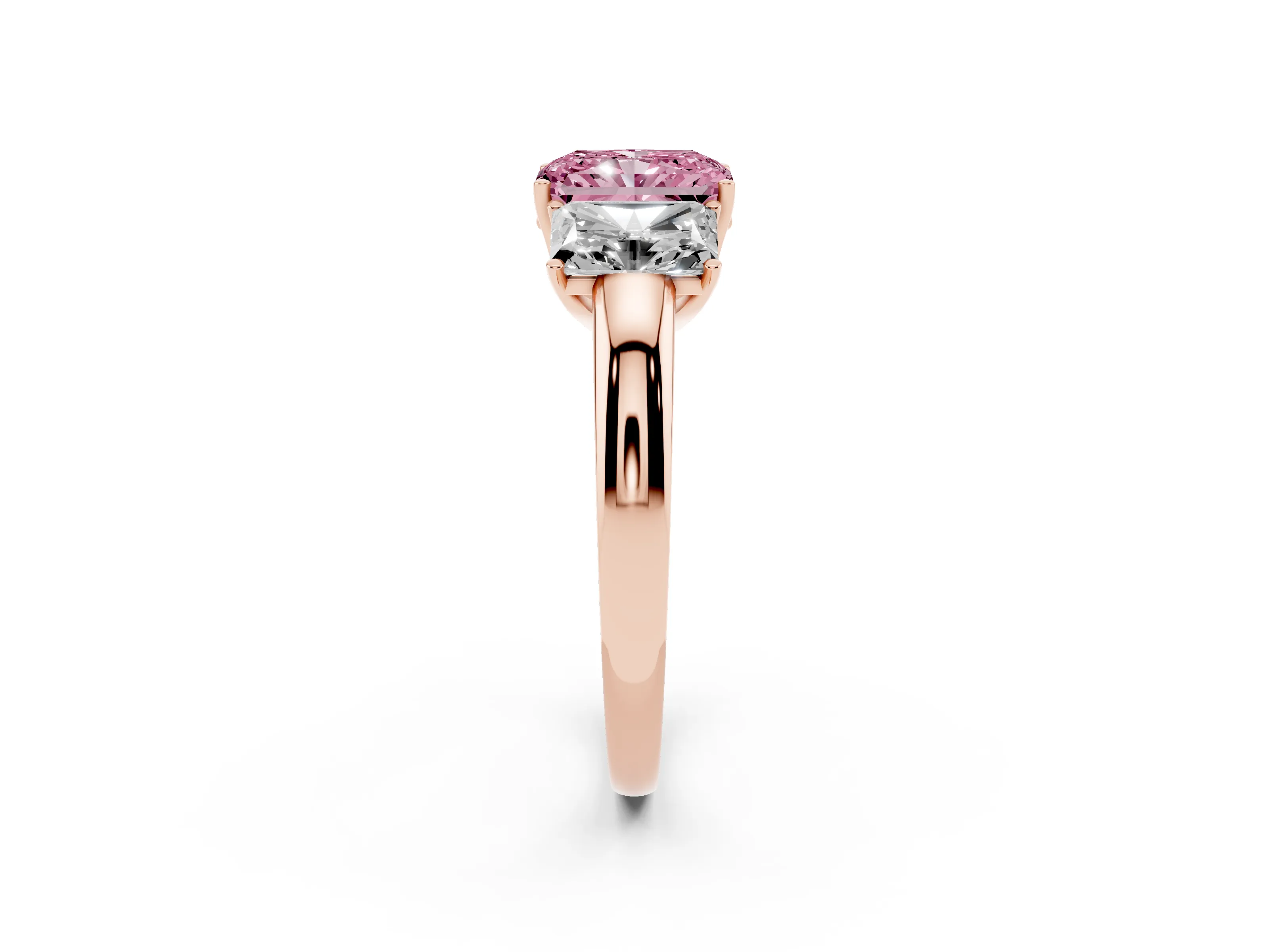Fancy Pink Radiant Cut Diamond Three-Stone Ring Set in Rose gold with Bold Center and Classic Band