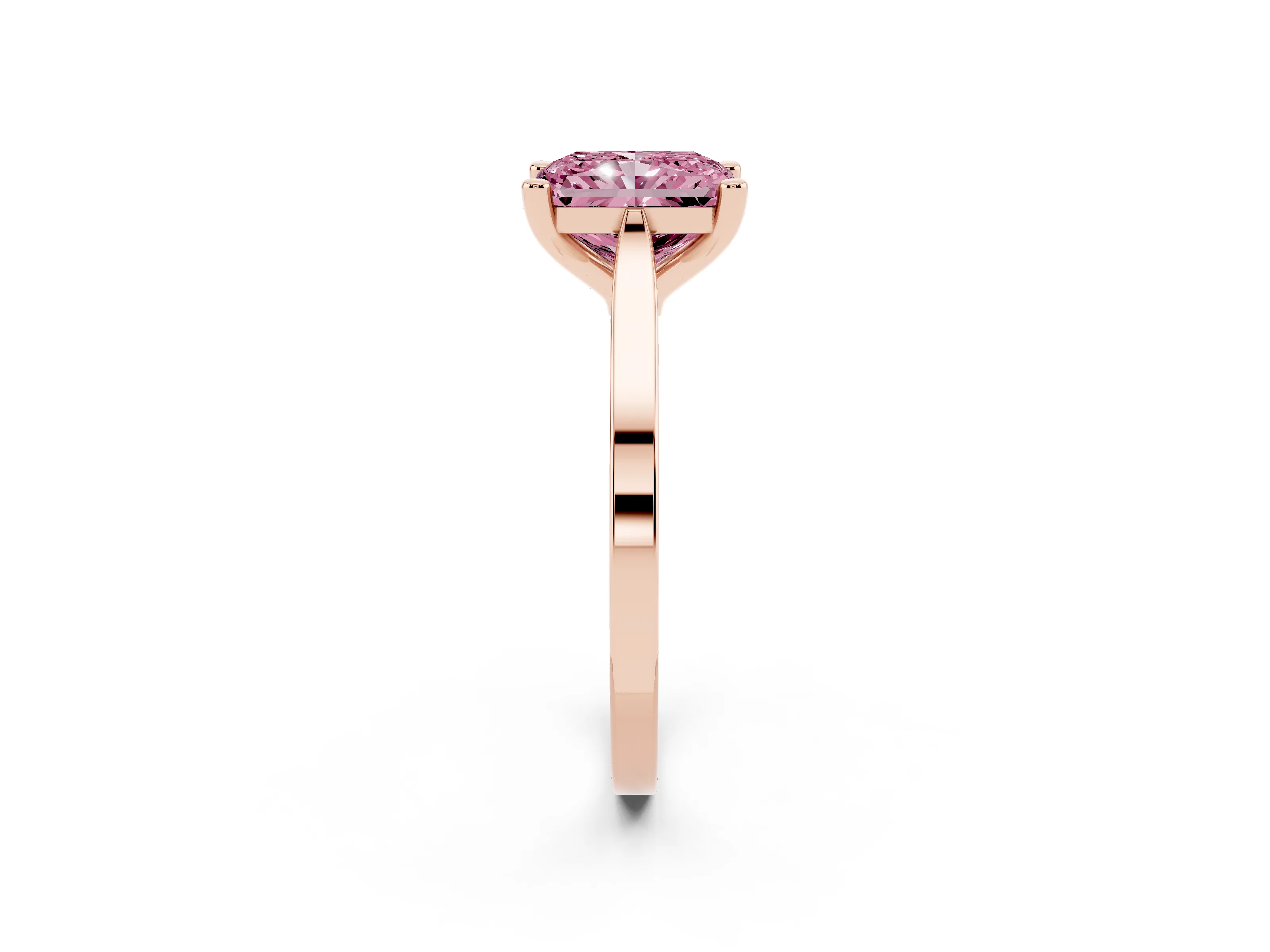 Fancy Pink Radiant Cut Diamond Solitaire Ring Set in Rose gold with Prong Setting and Tapered Band