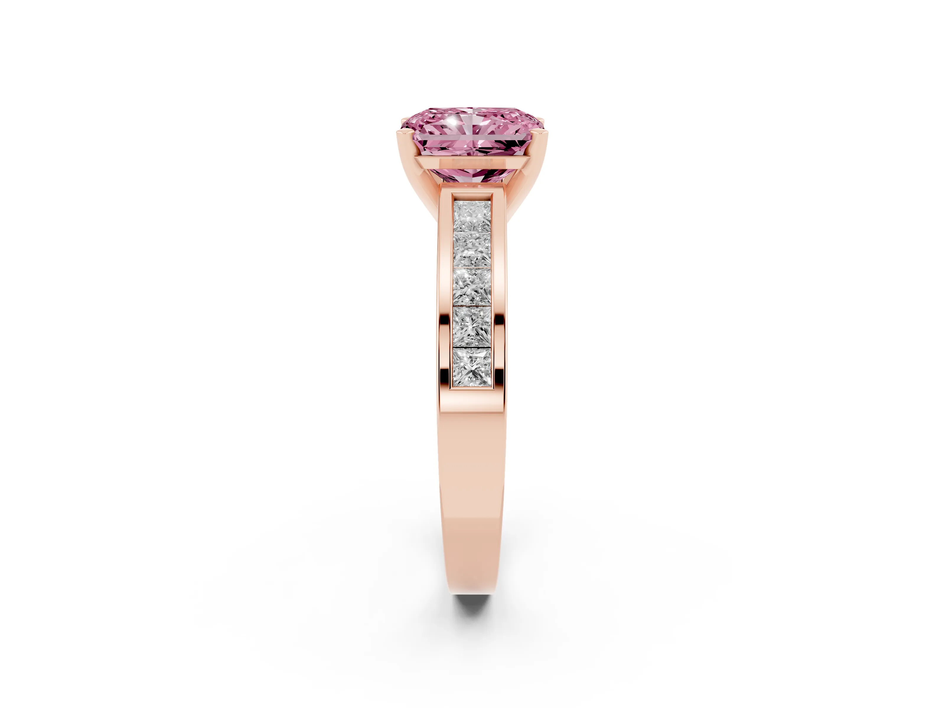 Fancy Pink Radiant Cut Diamond Solitaire Ring Set in Rose gold with Channel-Set Band and Prong Setting