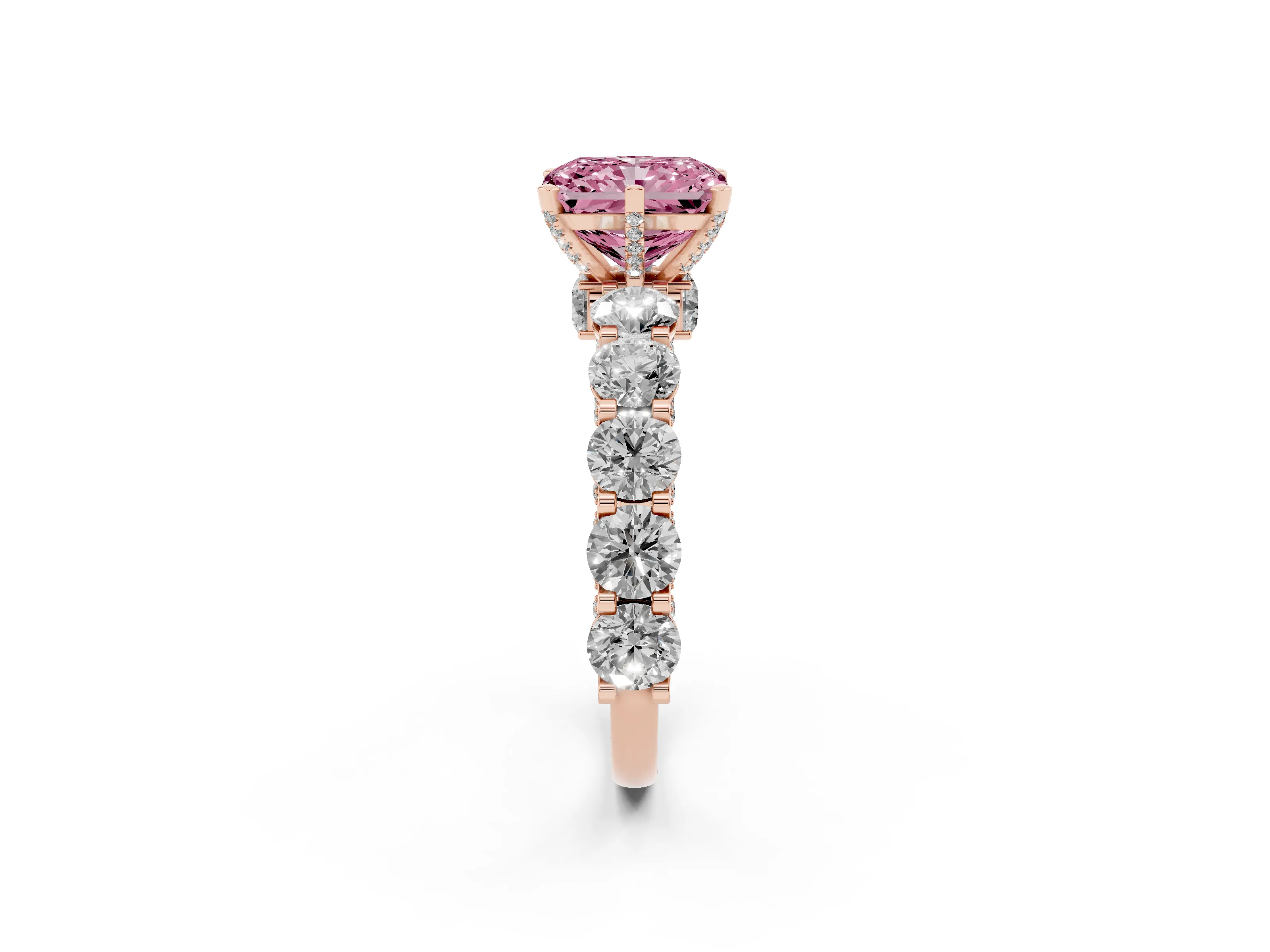 Fancy Pink Radiant Cut Diamond Side Stone Ring Set in Rose gold with Alternating Round and Oval Side Stones