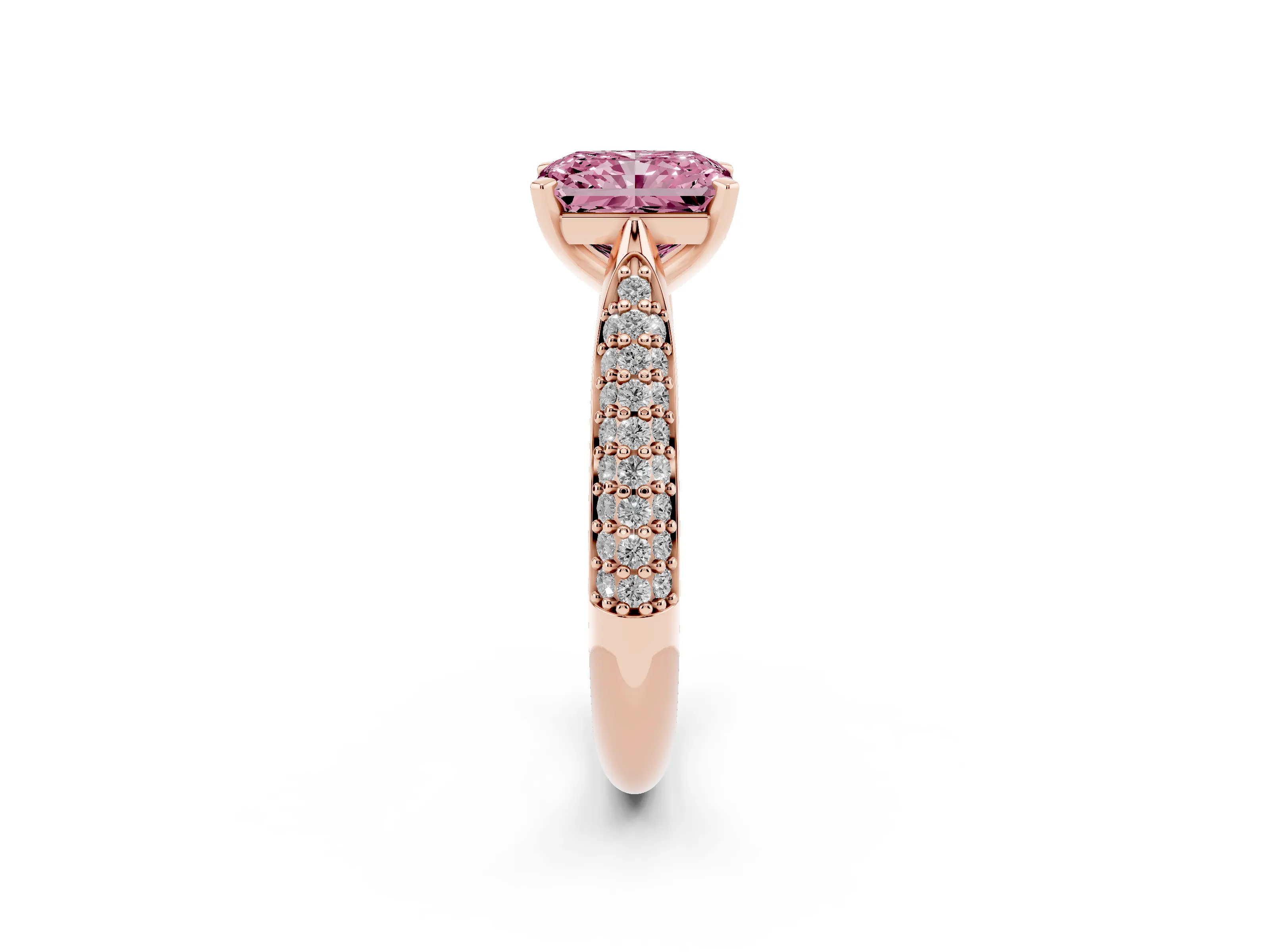 Fancy Pink Radiant Cut Diamond Solitaire Engagement Ring Set in Rose gold with Multi-Row Round Pavé Band and Prong Setting