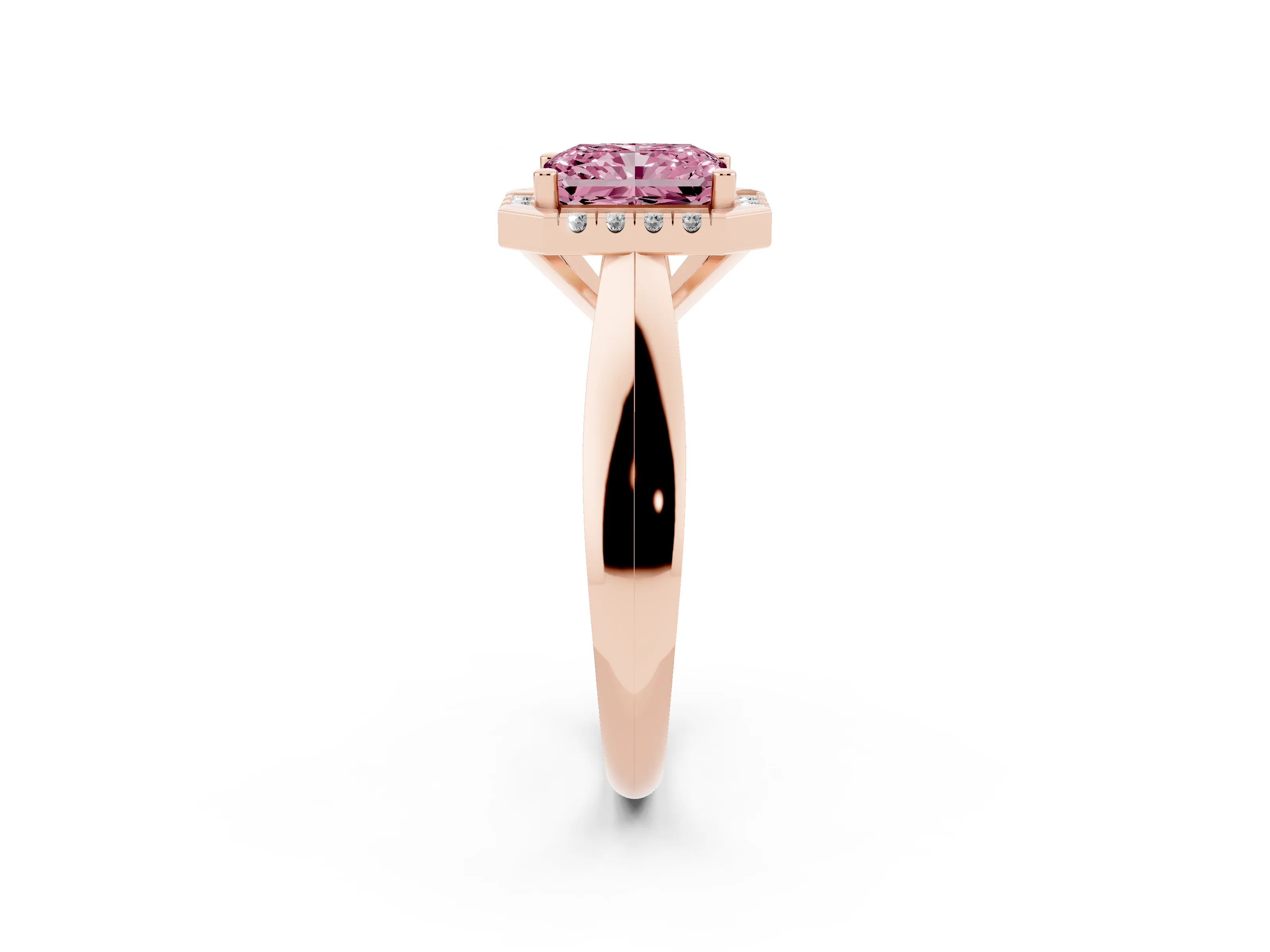 Fancy Pink Radiant Cut Diamond Halo Solitaire Engagement Ring Set in Rose gold with Square Band and Prong Setting
