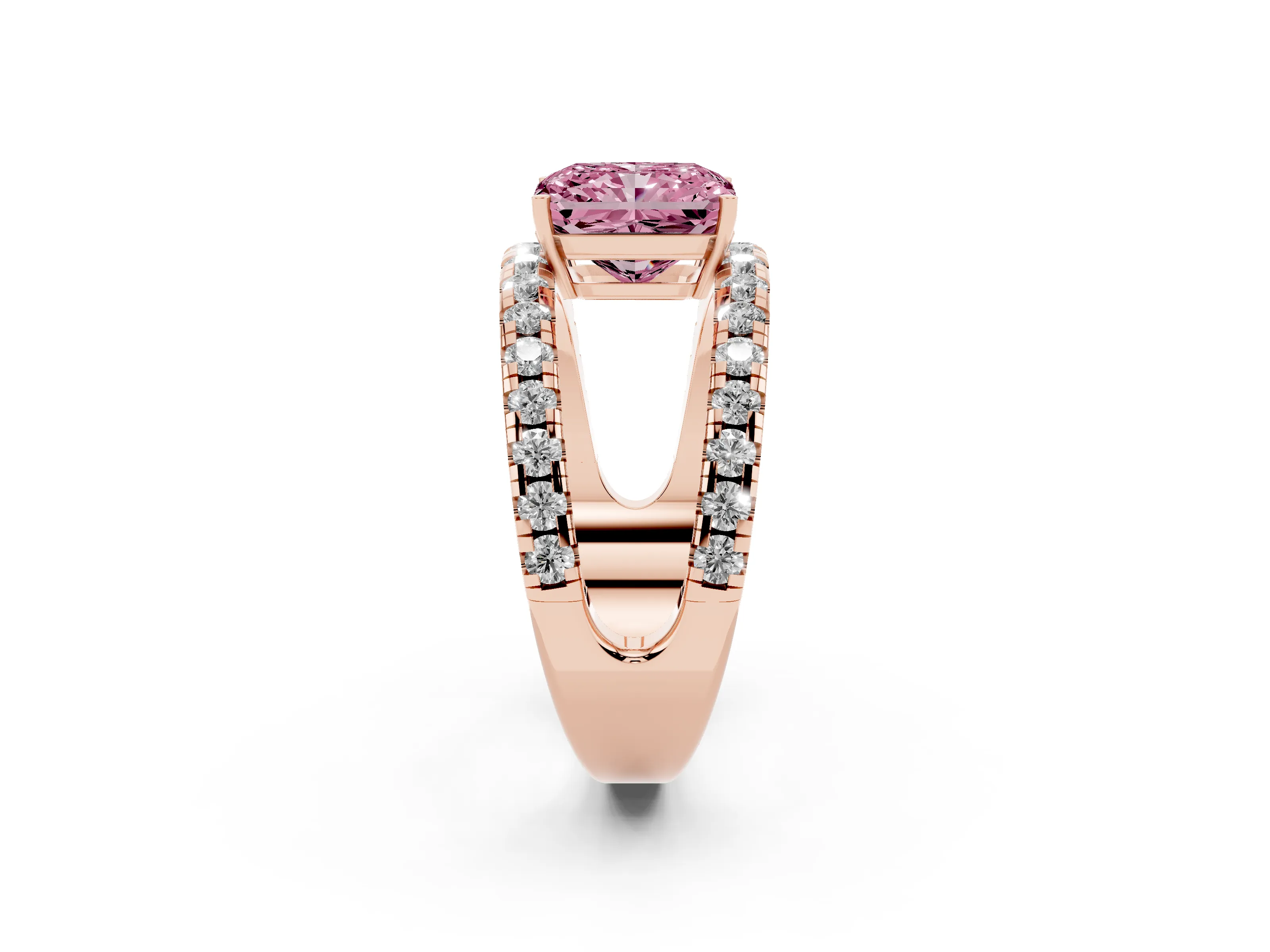 Fancy Pink Radiant Cut Diamond Split Shank Pavé Solitaire Ring Set in Rose gold with Open Shank Design