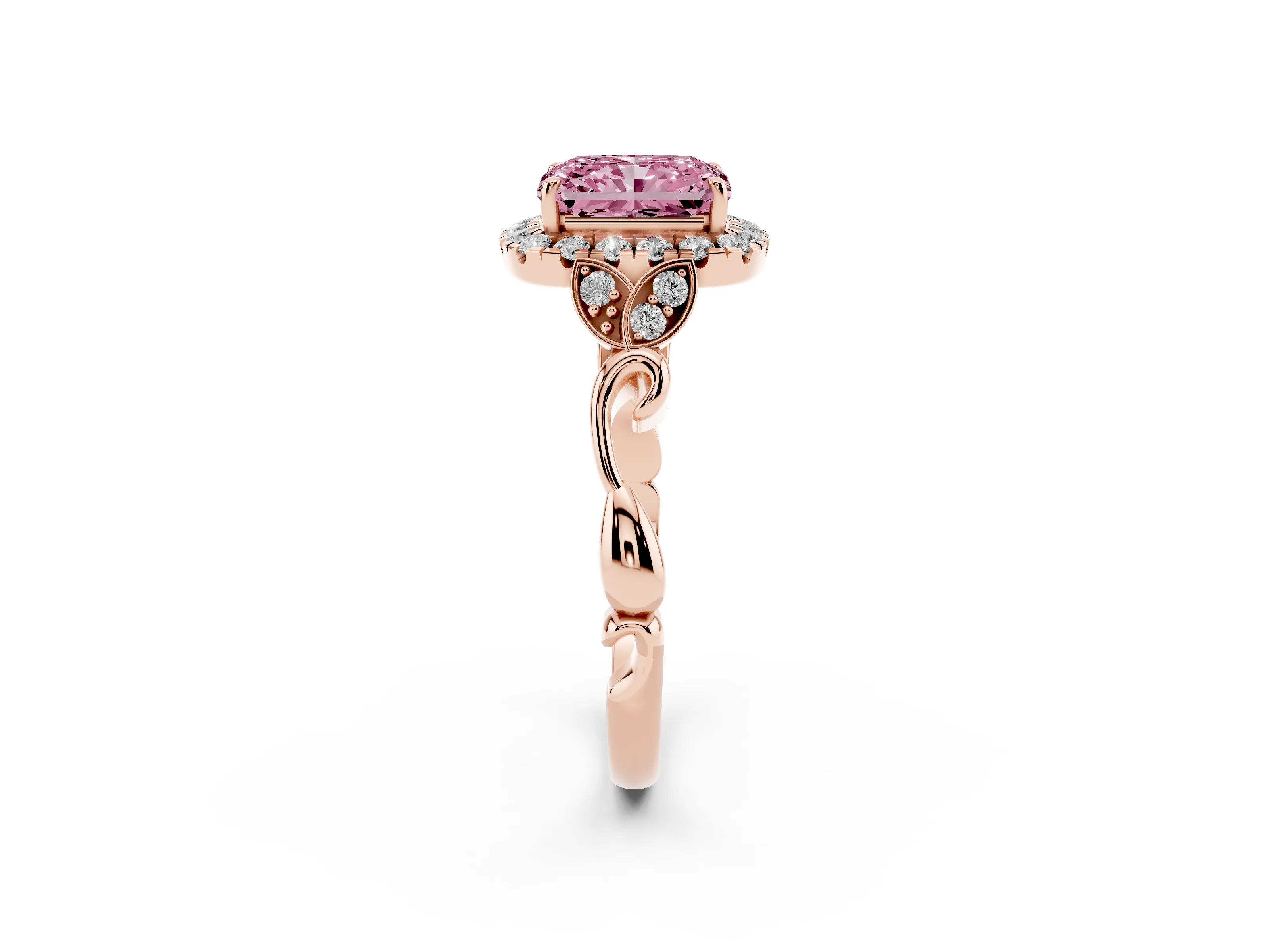 Fancy Pink Radiant Cut Diamond Halo Engagement Ring Set in Rose gold with Vintage-Inspired Band and Prong Setting