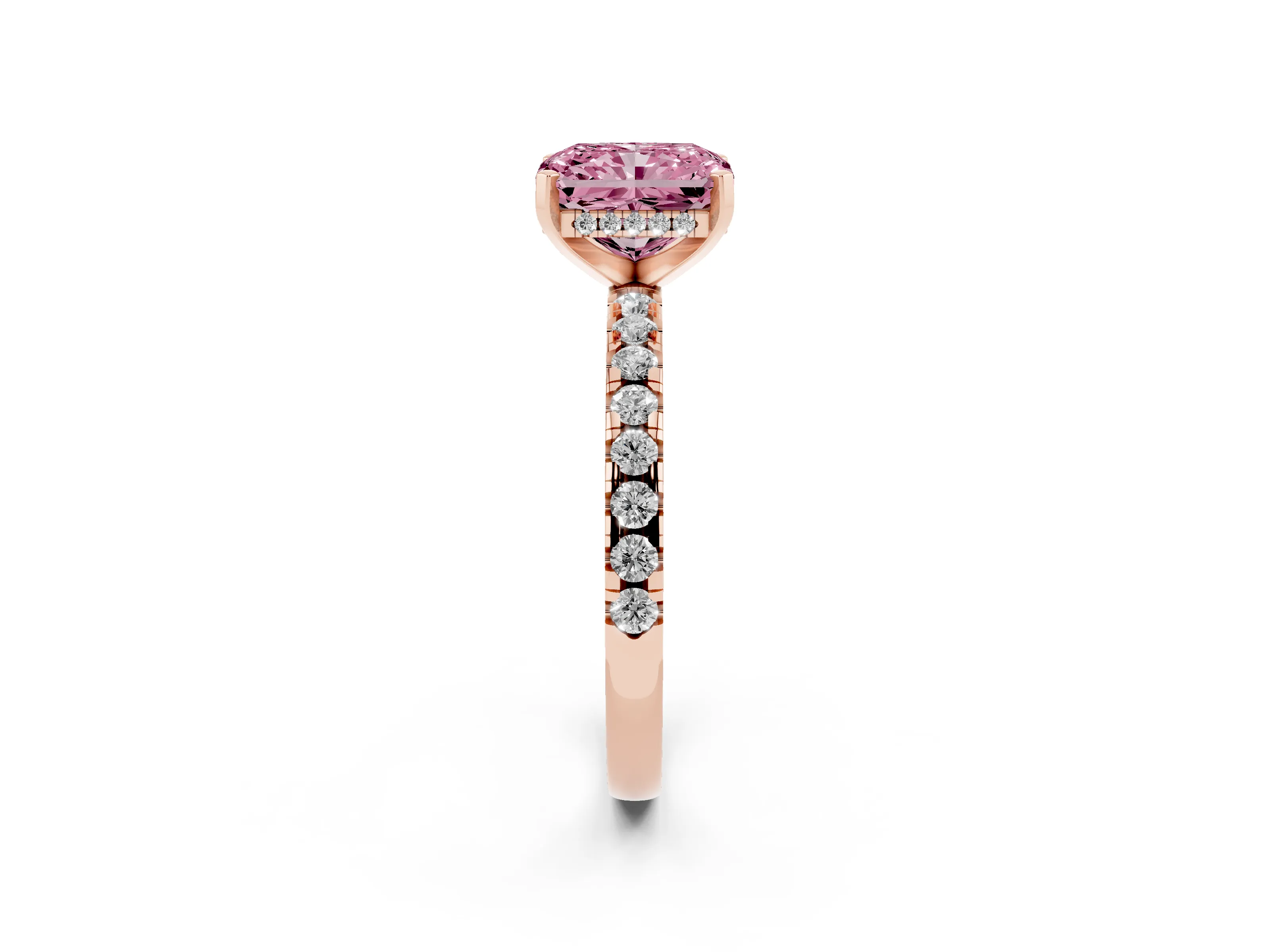 Fancy Pink Radiant Cut Diamond Pavé Solitaire Ring Set in Rose gold with Round Band Accents and Prong Setting