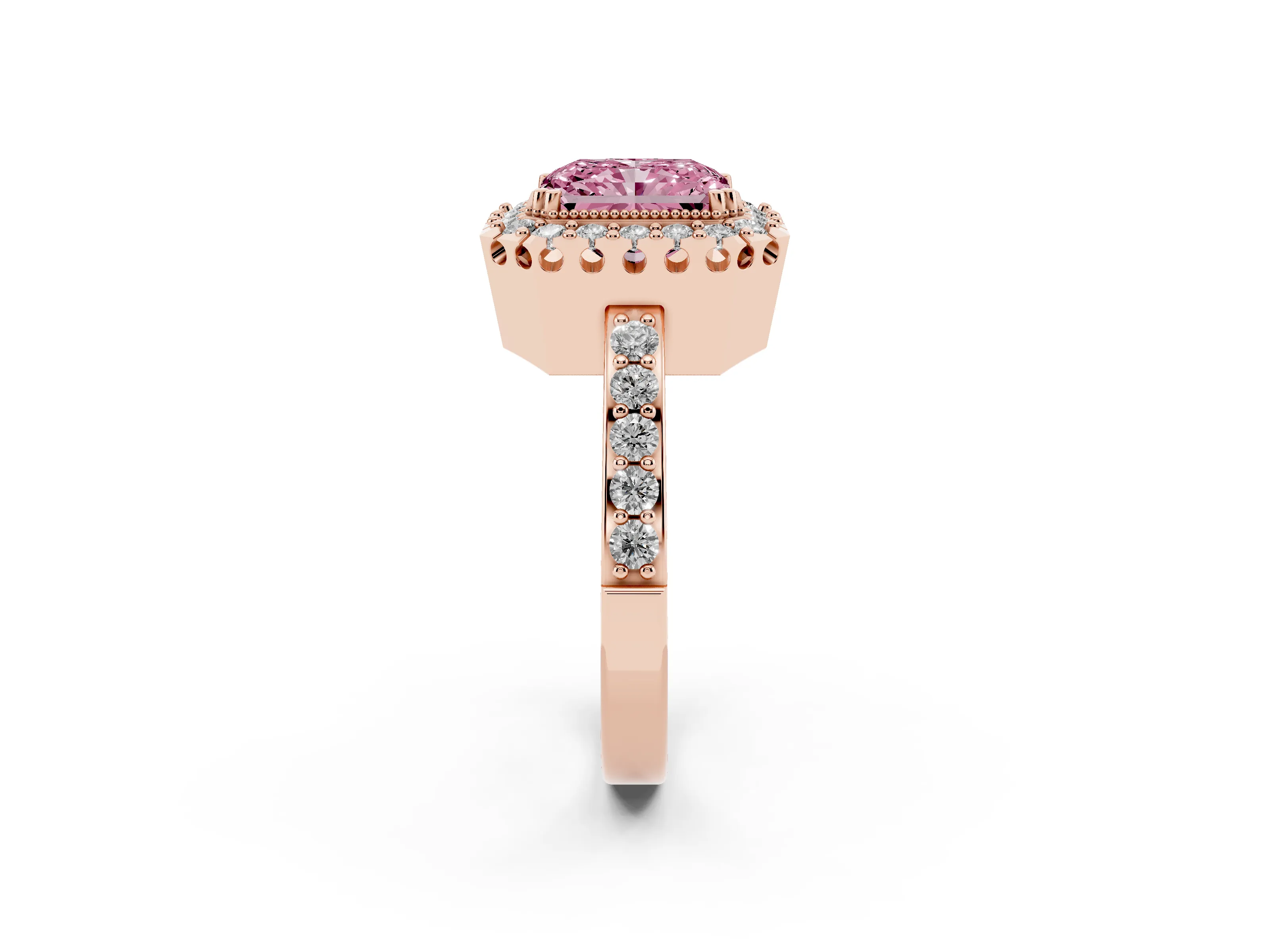 Fancy Pink Radiant Cut Diamond Halo Ring Set in Rose gold with Pavé Shank and Prong Setting