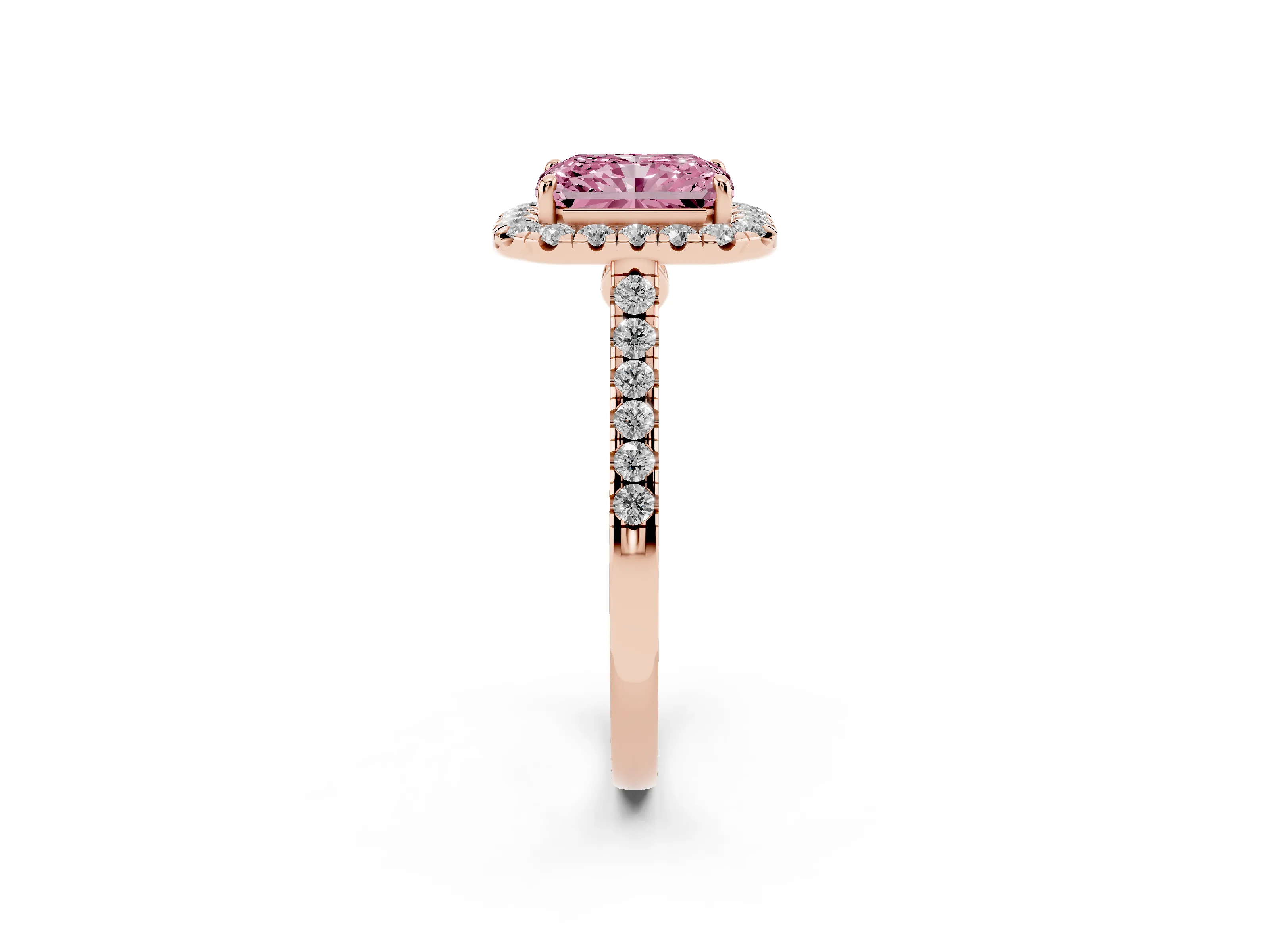 Fancy Pink Radiant Cut Diamond Halo Pavé Engagement Ring Set in Rose gold with Prong Setting