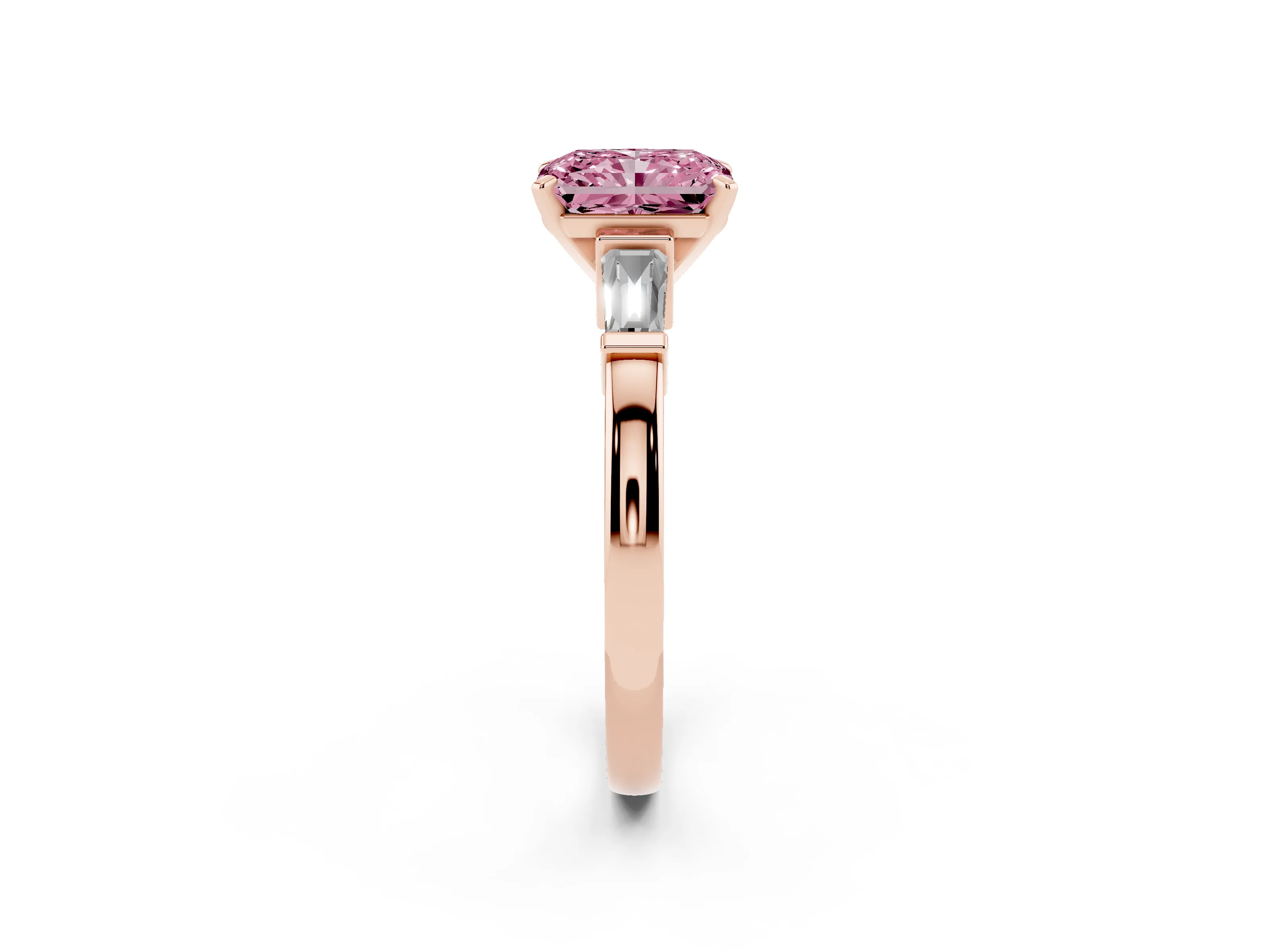 Fancy Pink Radiant Cut Diamond Solitaire Ring Set in Rose gold with Tapered Baguette Accents and Prong Setting