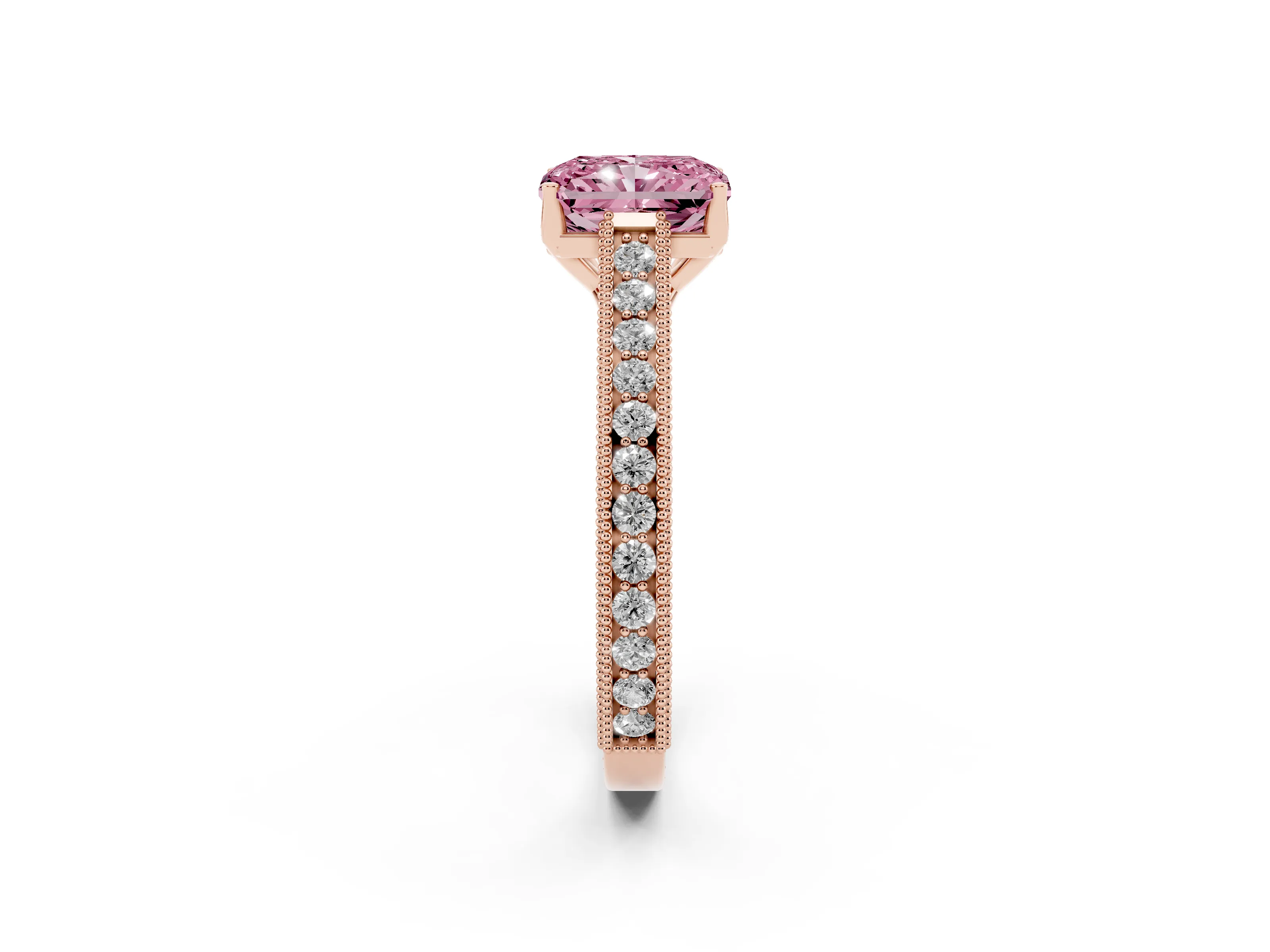 Fancy Pink Radiant Cut Diamond Milgrain Pavé Band Solitaire Ring Set in Rose gold with Prong Setting