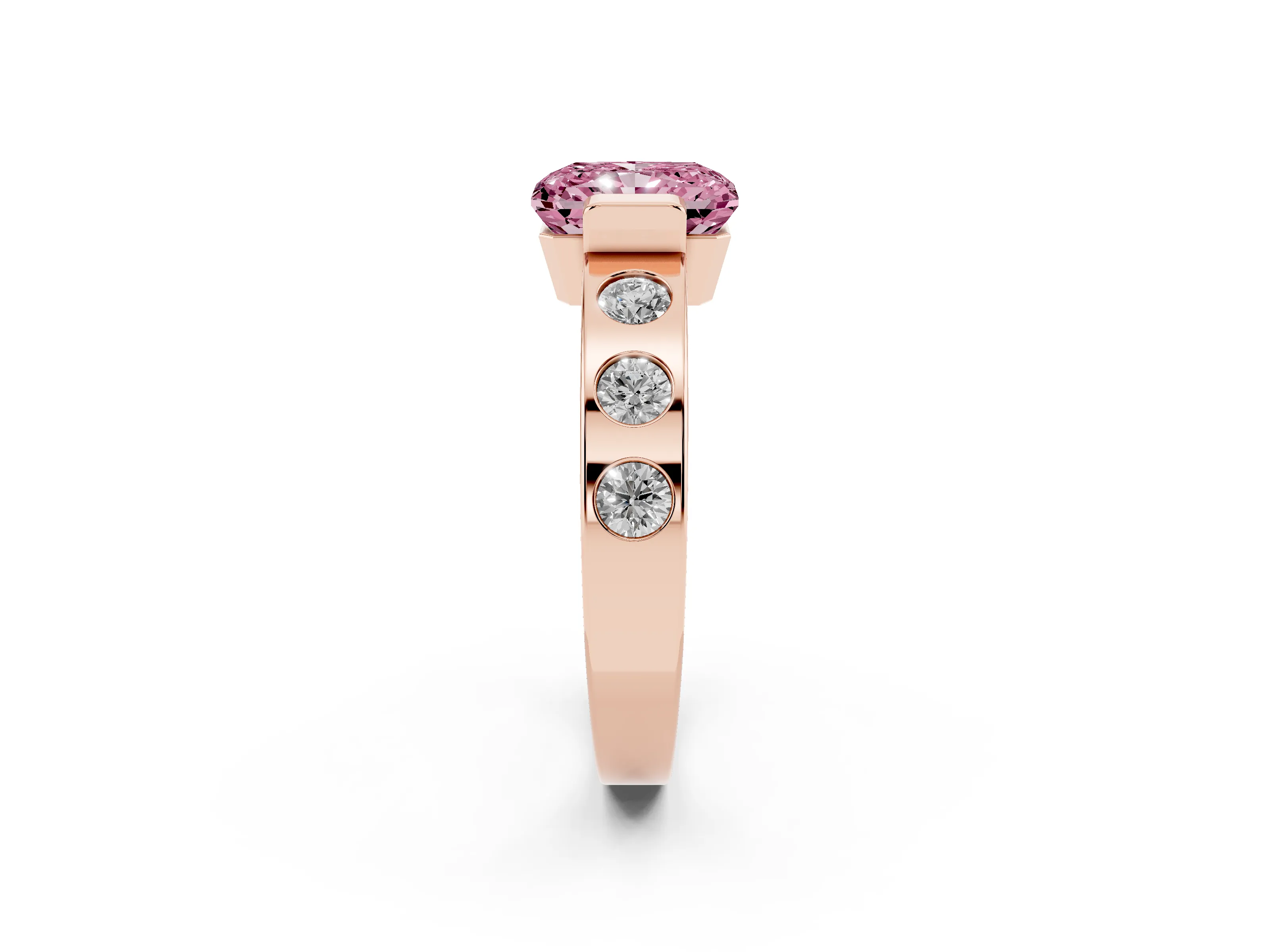 Fancy Pink Radiant Cut Diamond Channel-Set Band Ring Set in Rose gold with Bezel Prong Setting