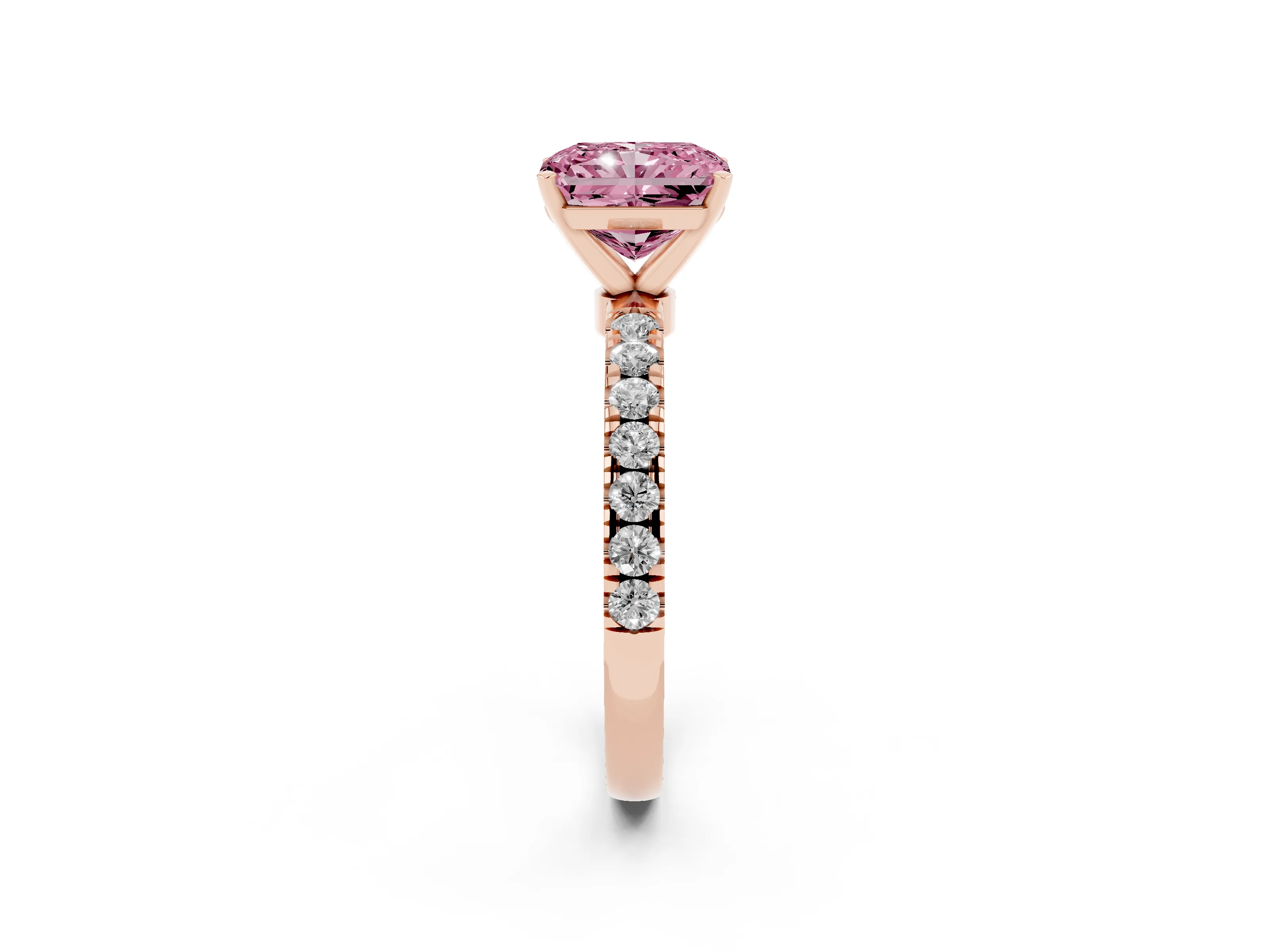 Fancy Pink Radiant Cut Diamond Solitaire Ring Set in Rose gold with Pavé Accents and Prong Setting