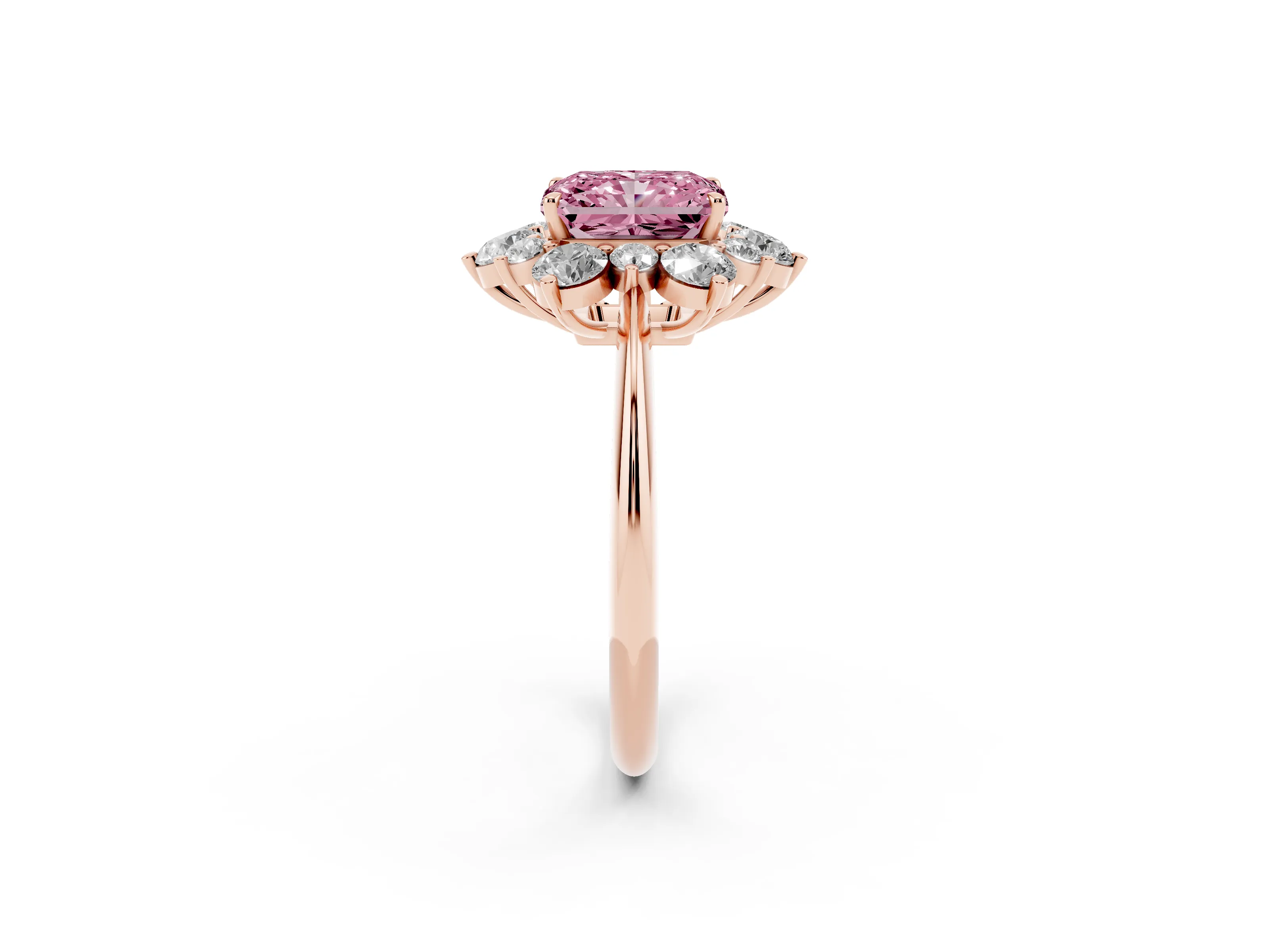 Fancy Pink Radiant Cut Diamond Cluster Halo Ring Set in Rose gold with Solitaire Band and Prong Setting