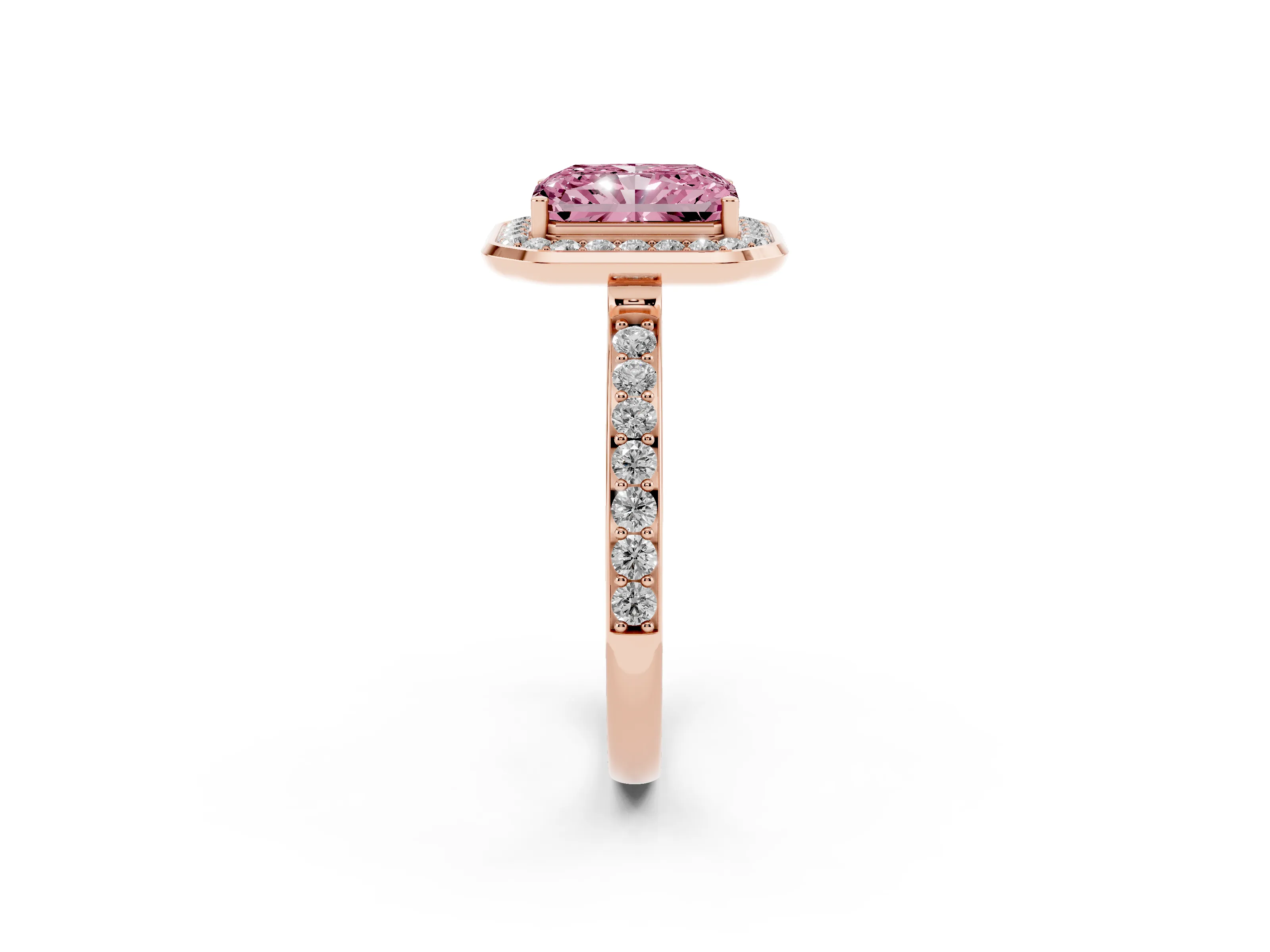 Fancy Pink Radiant Cut Diamond Halo Ring Set in Rose gold with Bezel Frame and Pavé Band