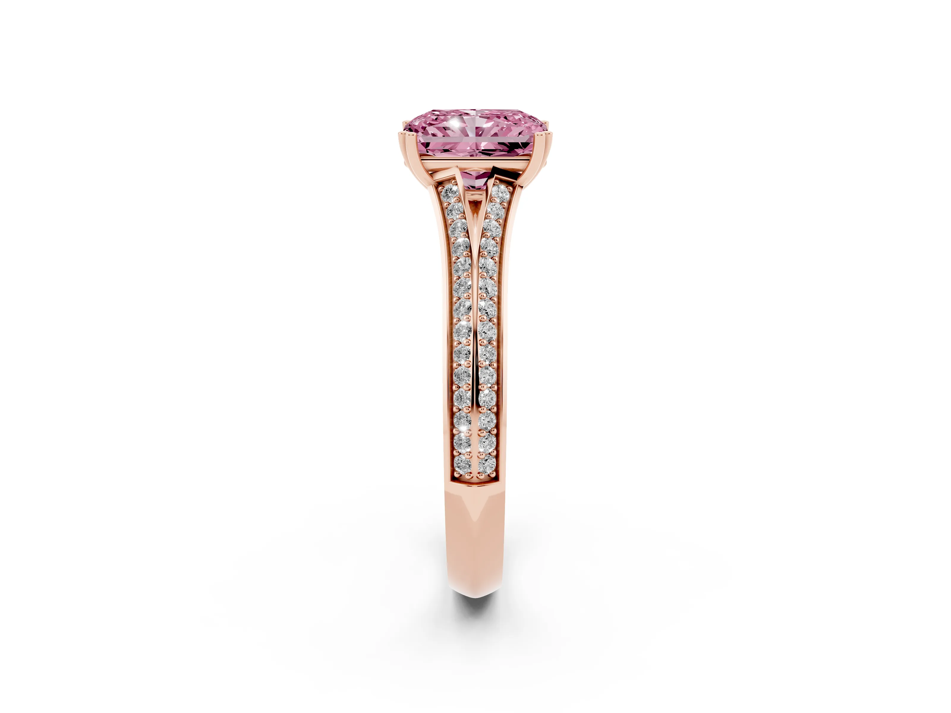 Fancy Pink Radiant Cut Diamond Split Shank Pavé Engagement Ring Set in Rose gold with Prong-Set Center Stone