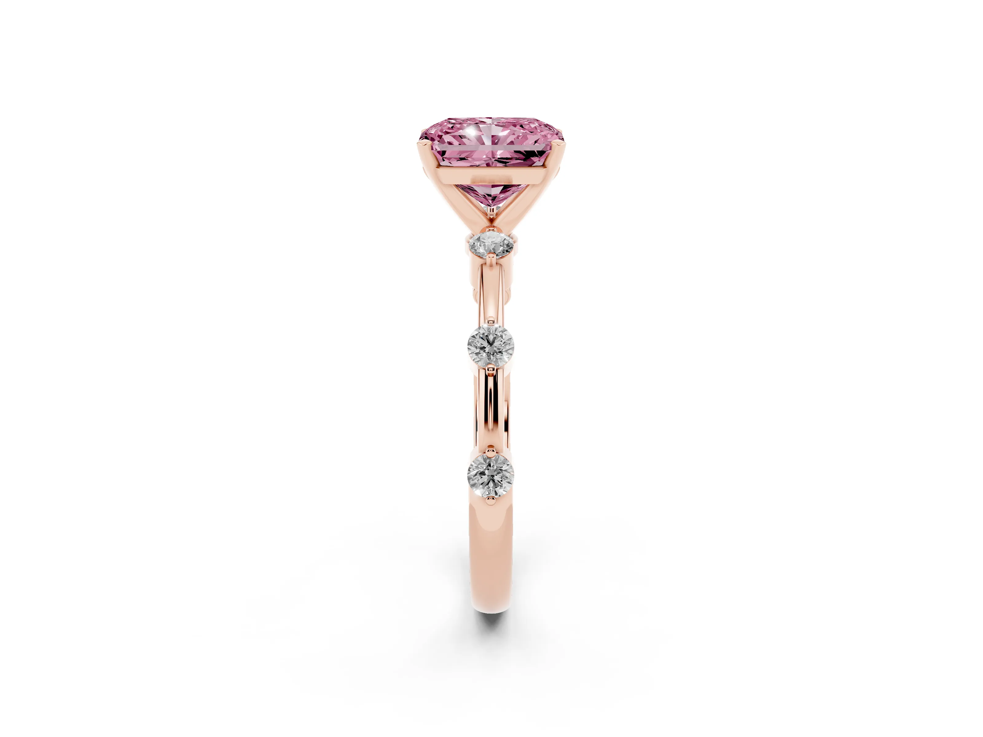 Fancy Pink Radiant Cut Diamond Solitaire Ring Set in Rose gold with Bezel Set Side Stones and Prong Setting