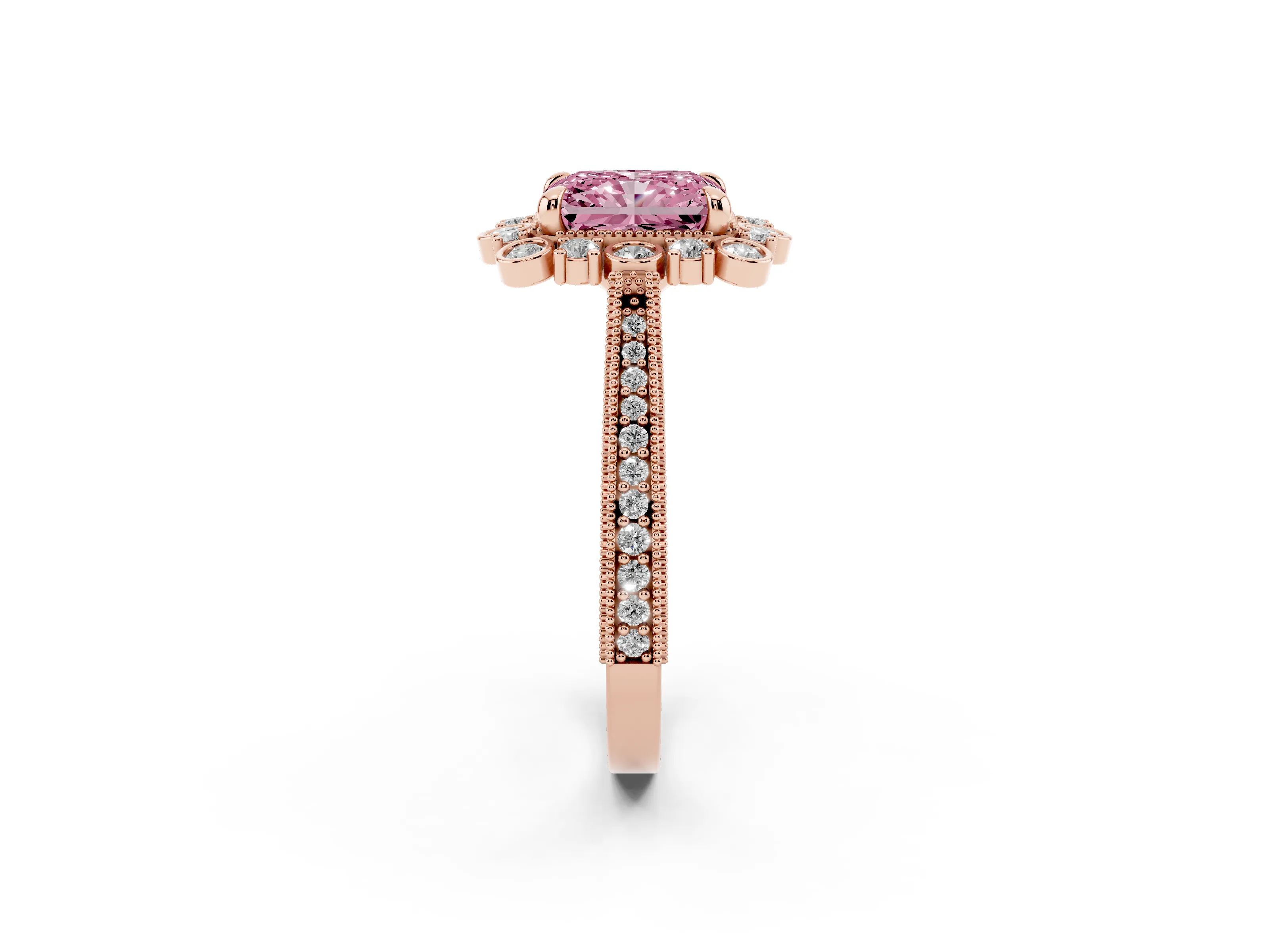 Fancy Pink Radiant Cut Diamond Halo Milgrain Pavé Ring Set in Rose gold with Prong Setting