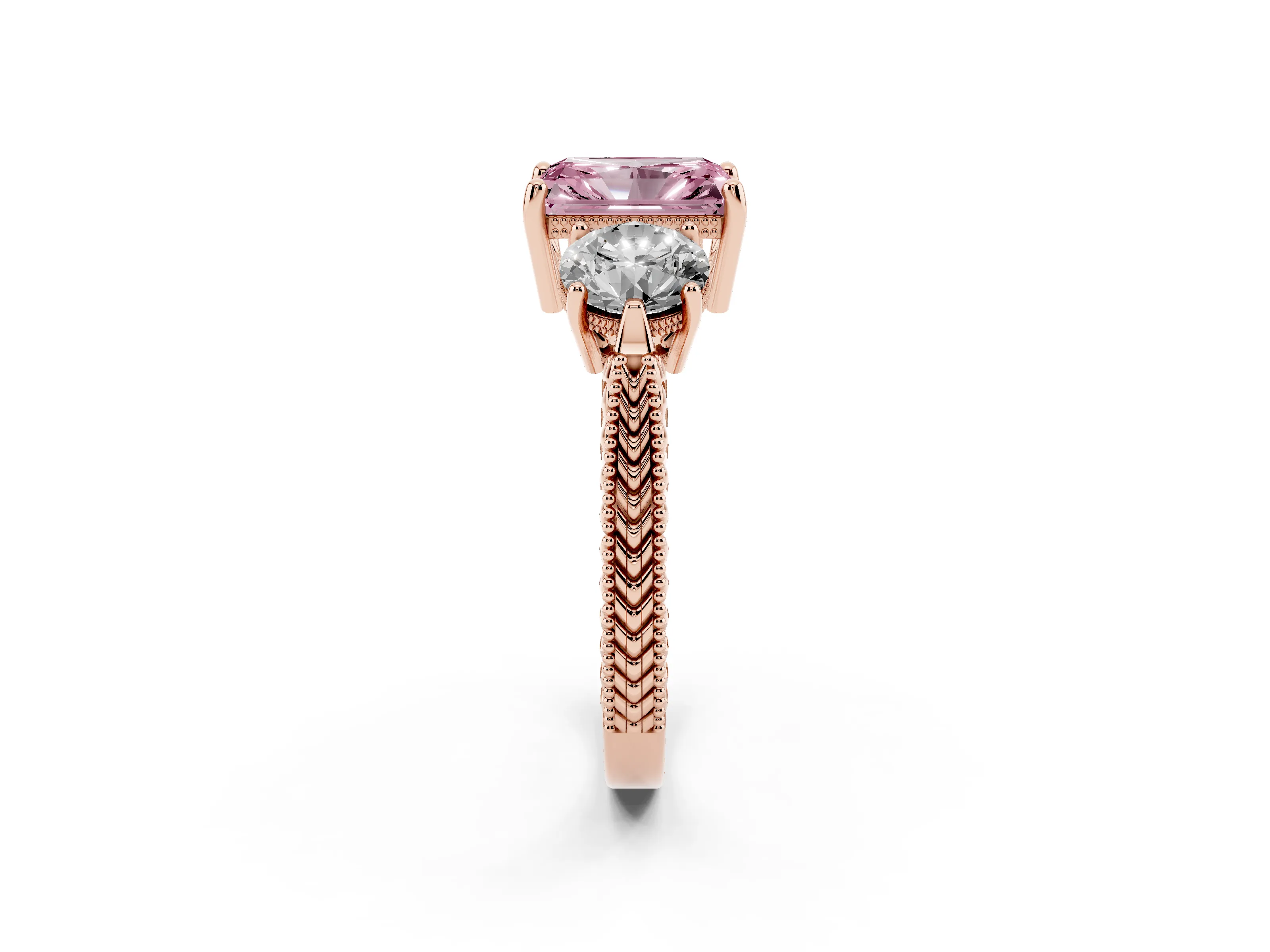 Fancy Pink Radiant Cut Diamond Three-Stone Ring Set in Rose gold with Milgrain Band