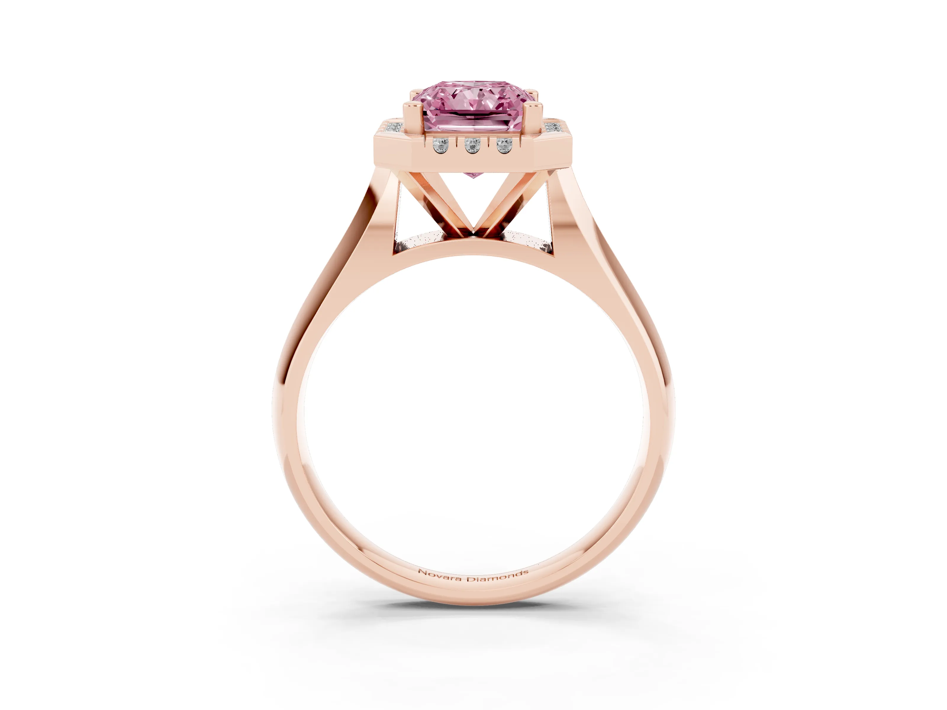 Fancy Pink Radiant Cut Diamond Halo Solitaire Engagement Ring Set in Rose gold with Square Band and Prong Setting
