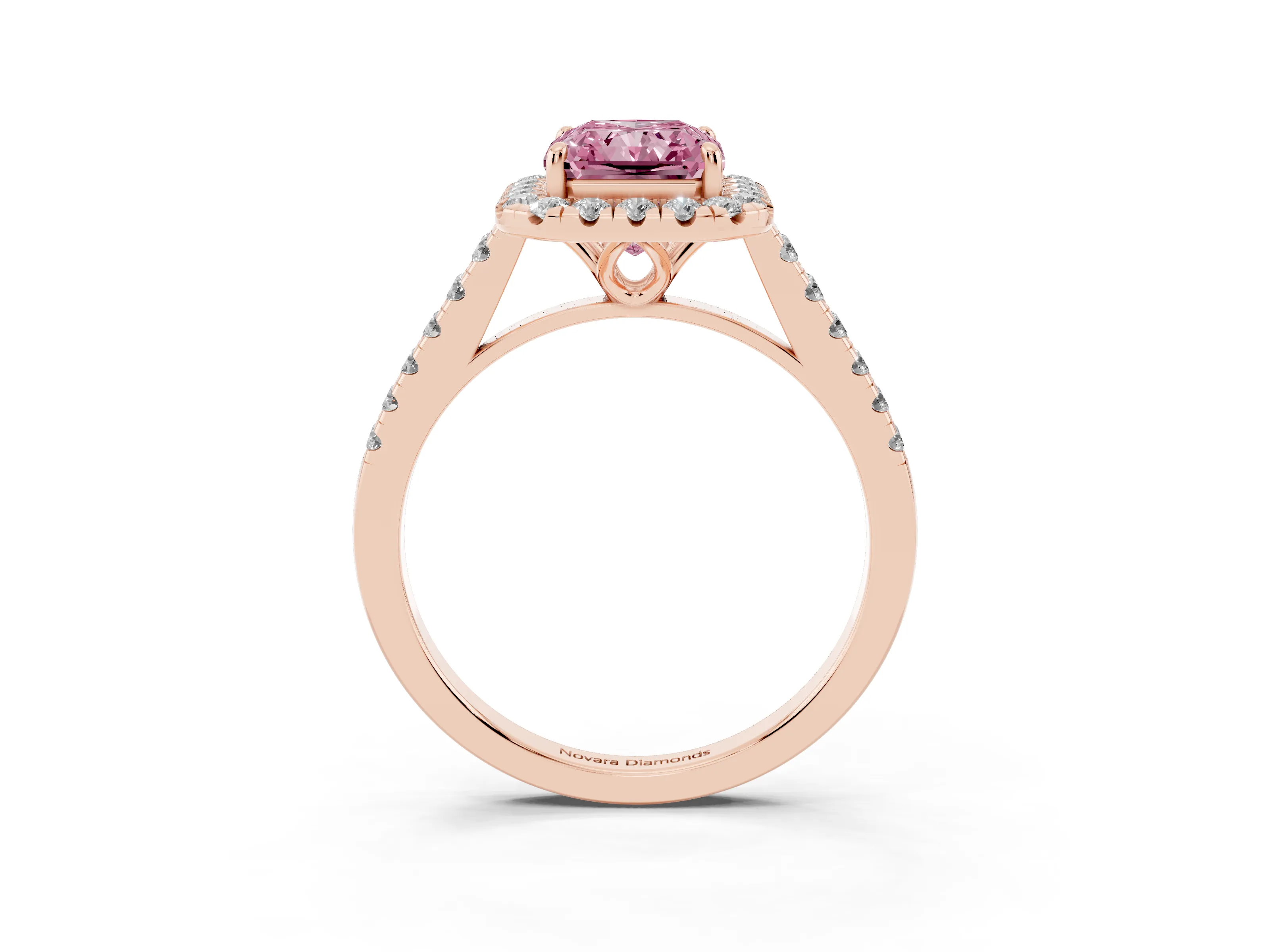 Fancy Pink Radiant Cut Diamond Pavé Halo Engagement Ring Set in Rose gold with Pavé Band and Prong Setting