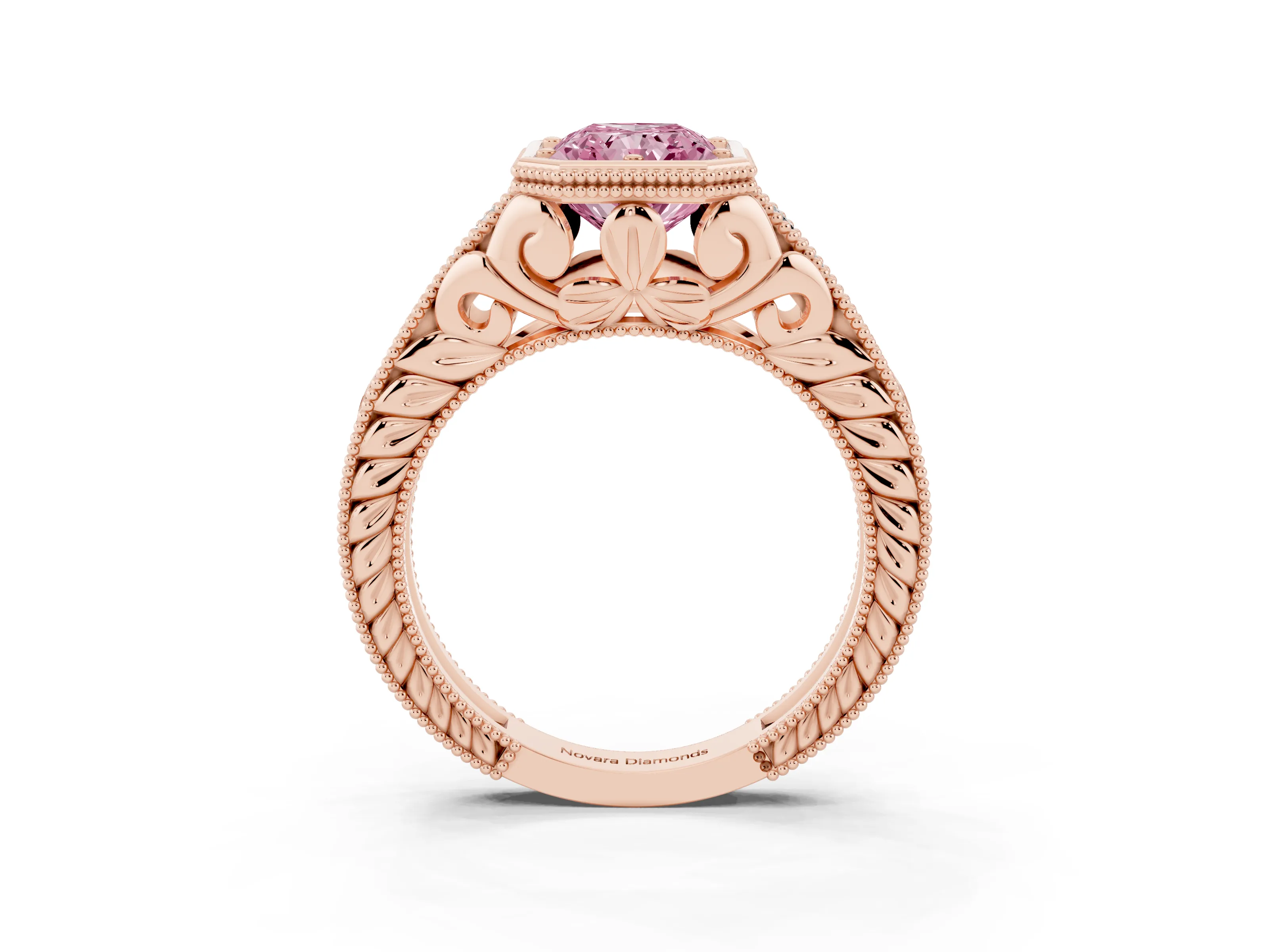 Fancy Pink Bezel Set Radiant Cut Diamond Milgrain Pavé Engagement Ring Set in Rose gold