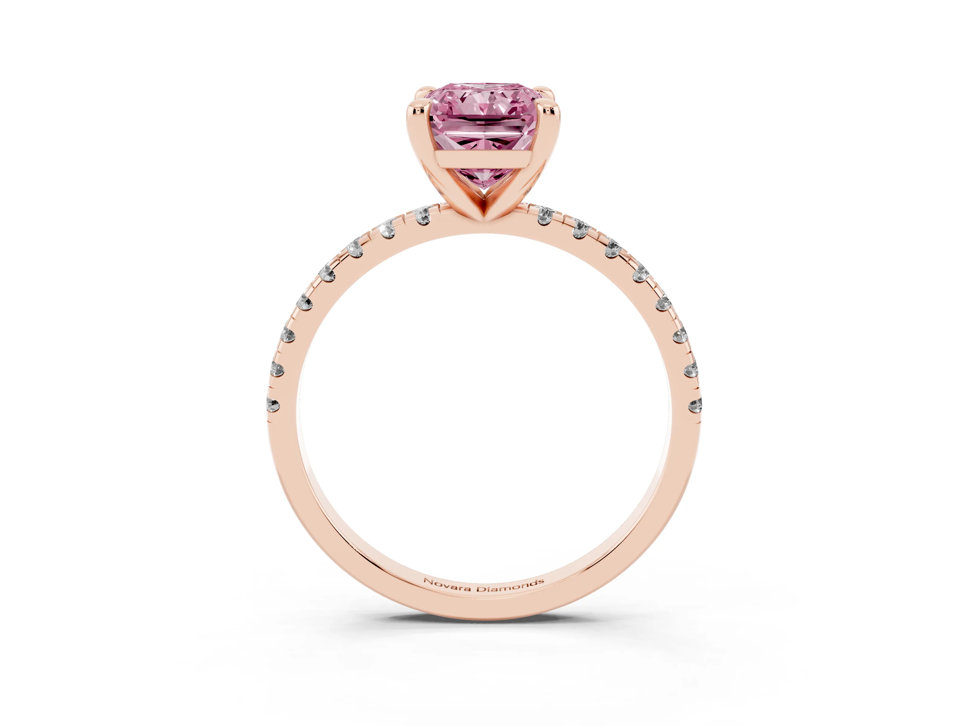 Fancy Pink Radiant Cut Diamond Brilliant Solitaire Ring Set in Rose gold with Pavé Band and Prong Setting