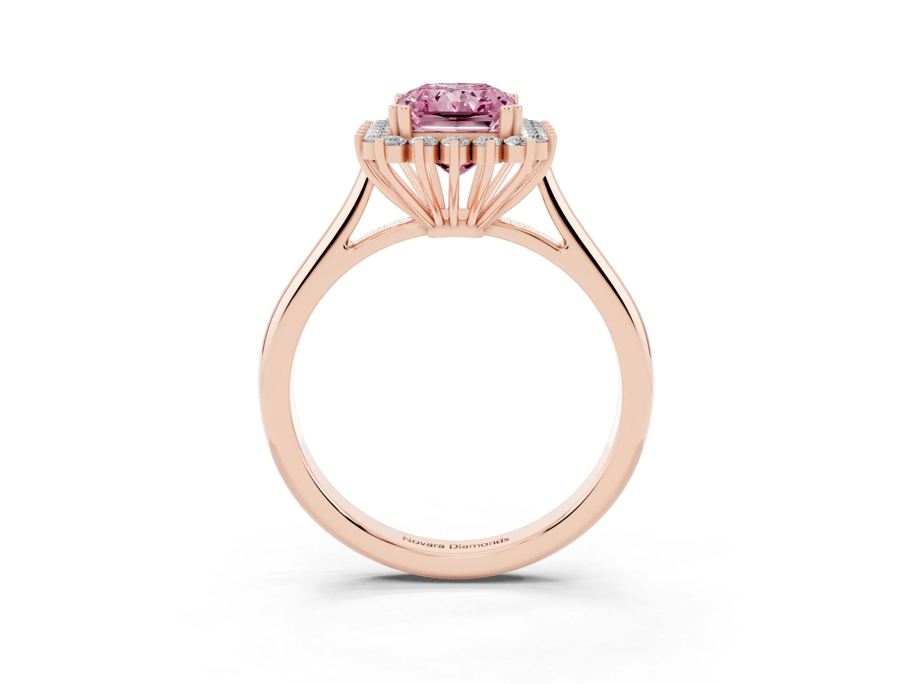 Fancy Pink Radiant Cut Diamond Halo Ring Set in Rose gold with Plain Solitaire Band and Prong Setting