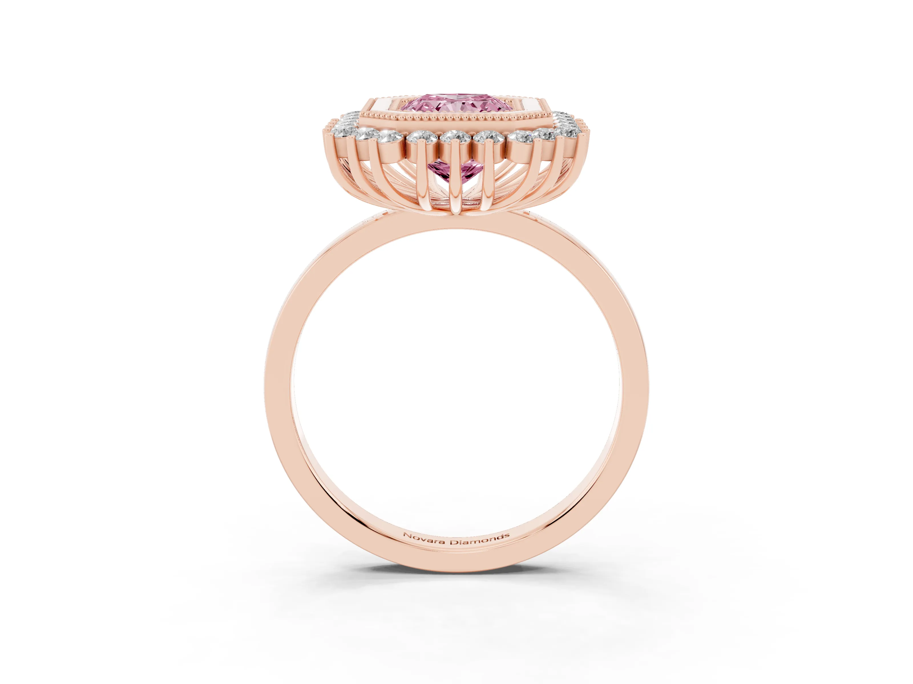 Fancy Pink Radiant Cut Diamond Halo Ring Set in Rose gold with Milgrain Edge and Round Prong Setting