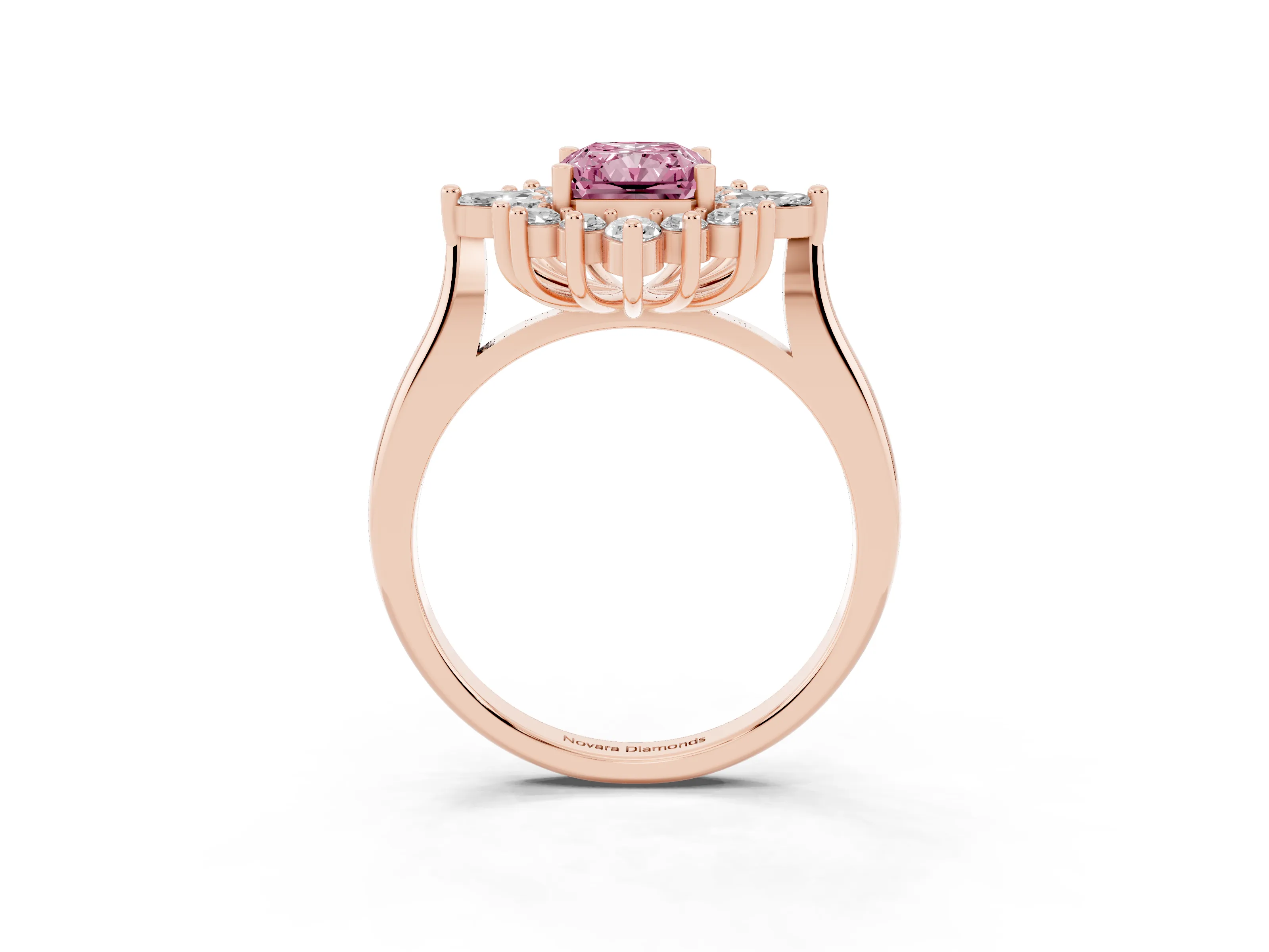 Fancy Pink Radiant Cut Diamond Cluster Halo Ring Set in Rose gold with Marquise and Round Accents
