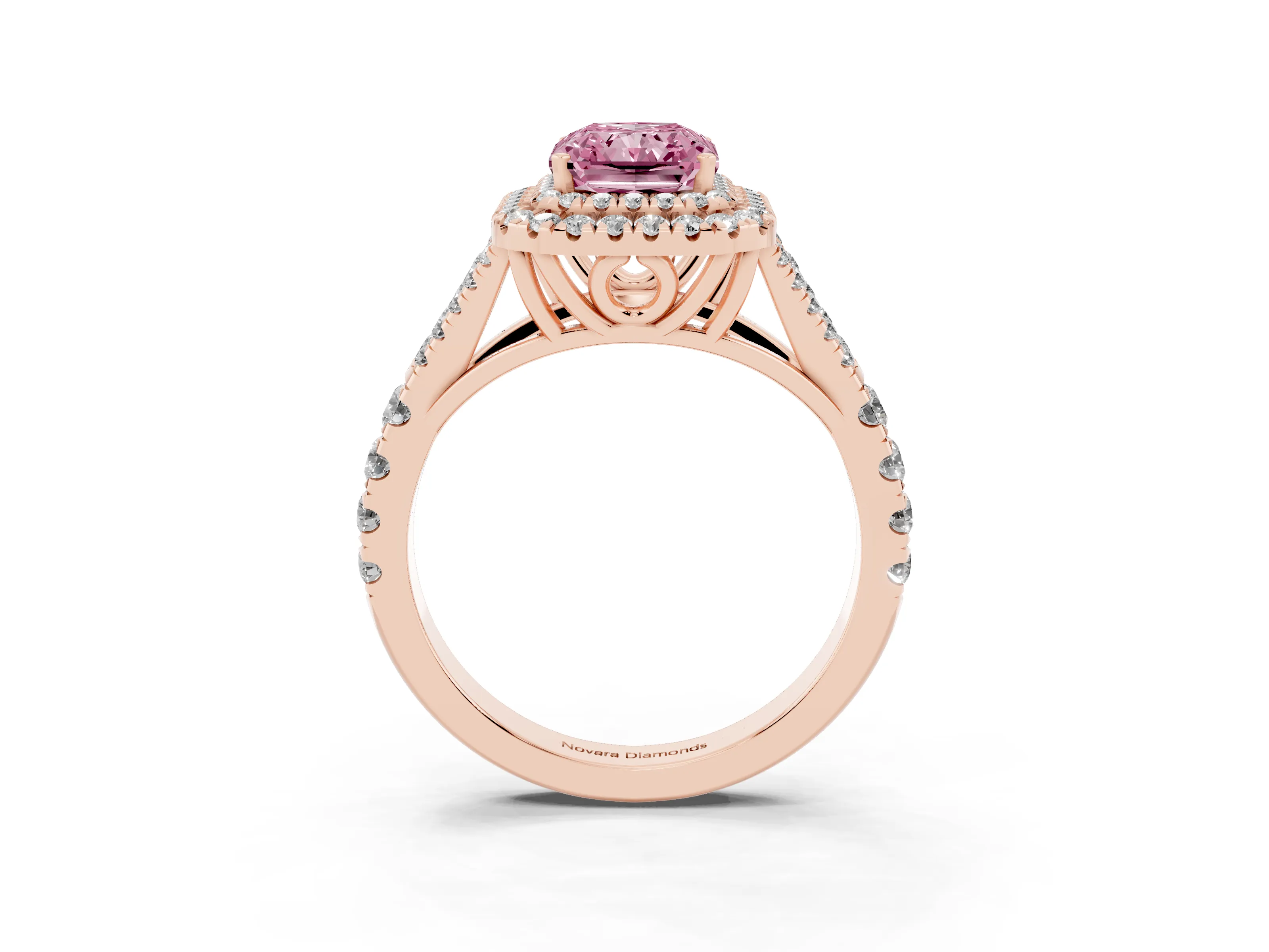 Fancy Pink Radiant Cut Diamond Pavé Split Shank Double Halo Engagement Ring Set in Rose gold