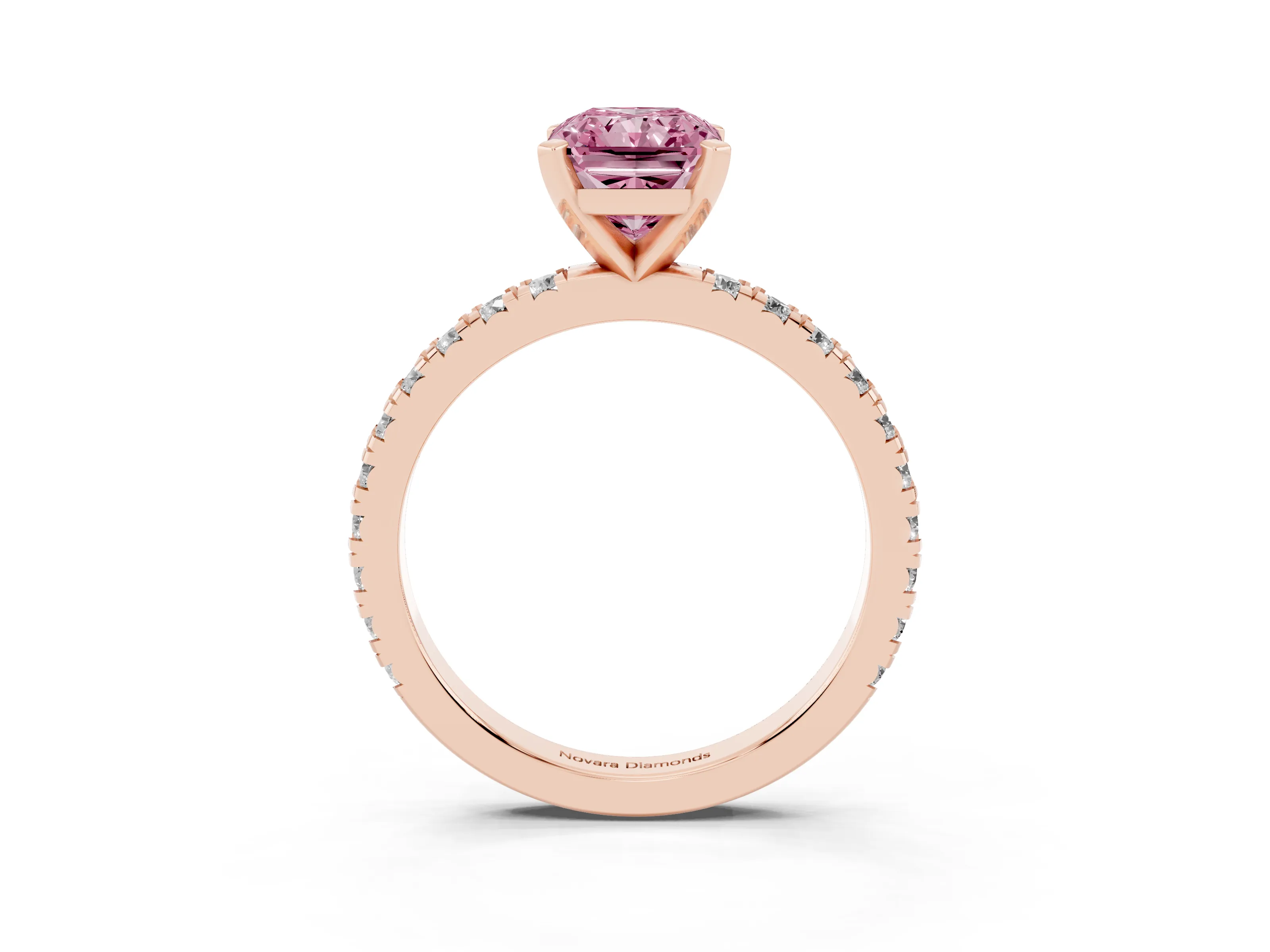 Fancy Pink Radiant Cut Diamond Pavé Band Solitaire Set in Rose gold with Prong Setting