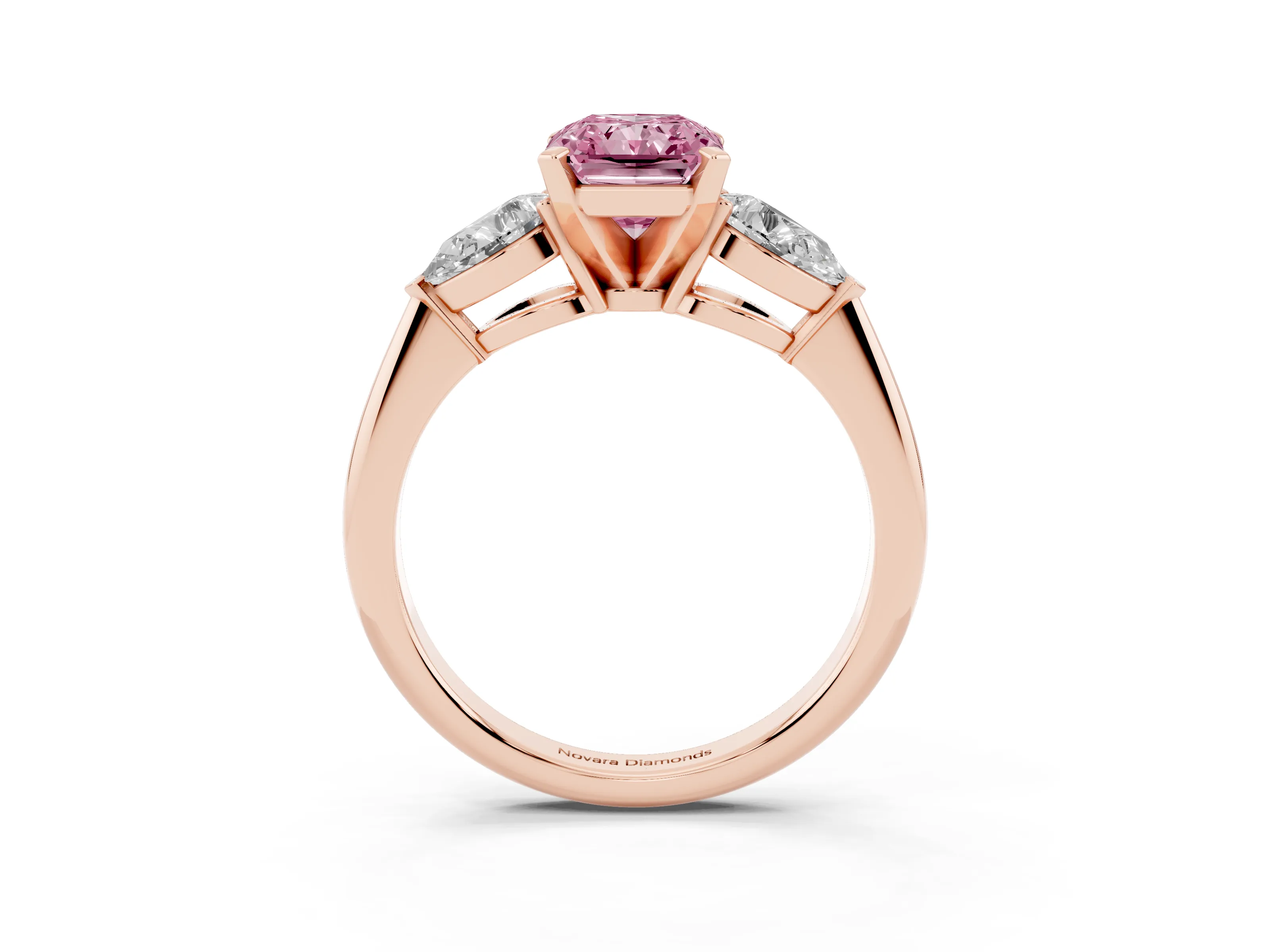 Fancy Pink Three-Stone Radiant Cut Diamond Ring Set in Rose gold with Pear Side Stones and Prong Setting