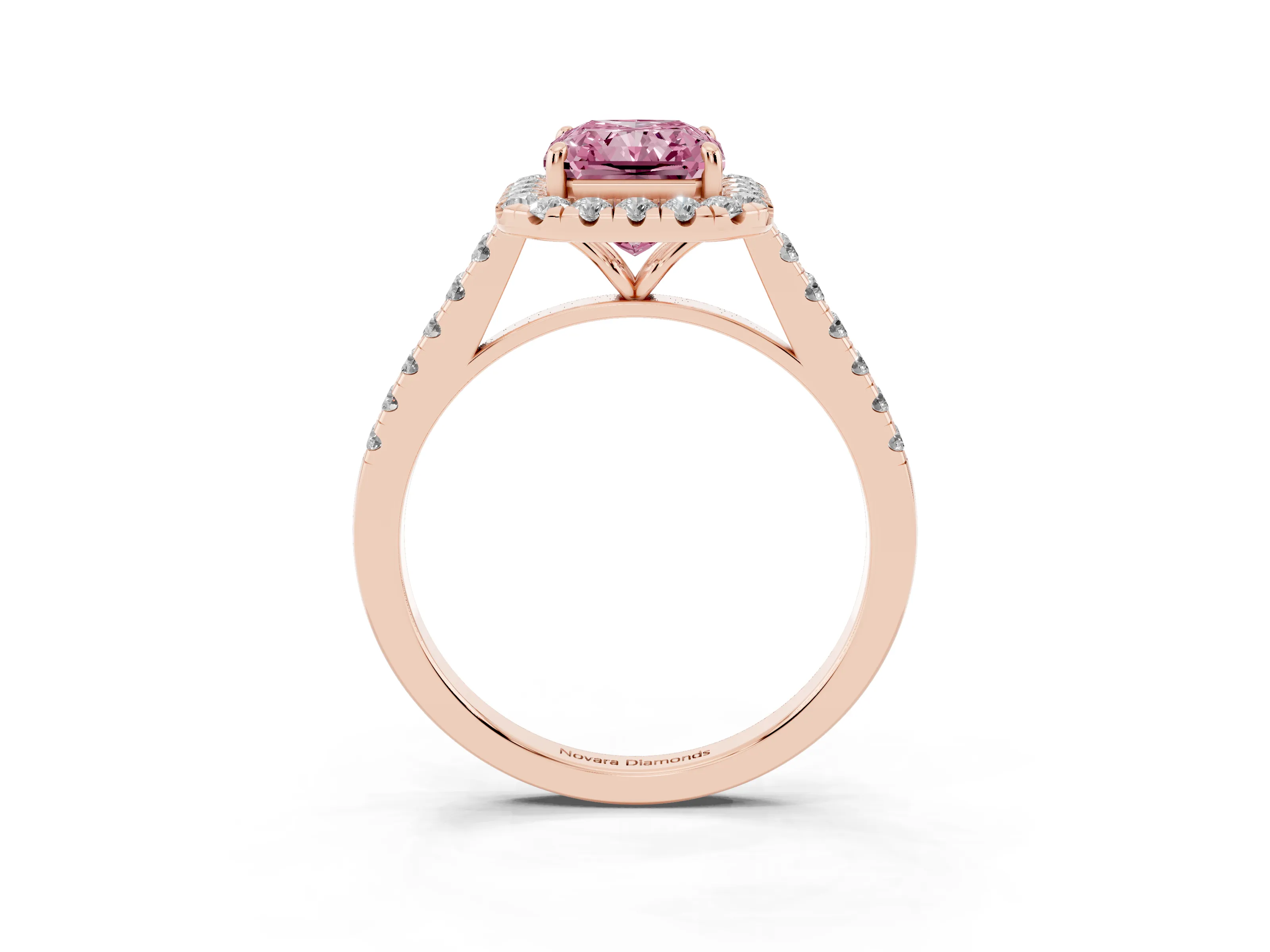 Fancy Pink Radiant Cut Diamond Halo Pavé Engagement Ring Set in Rose gold with Prong Setting