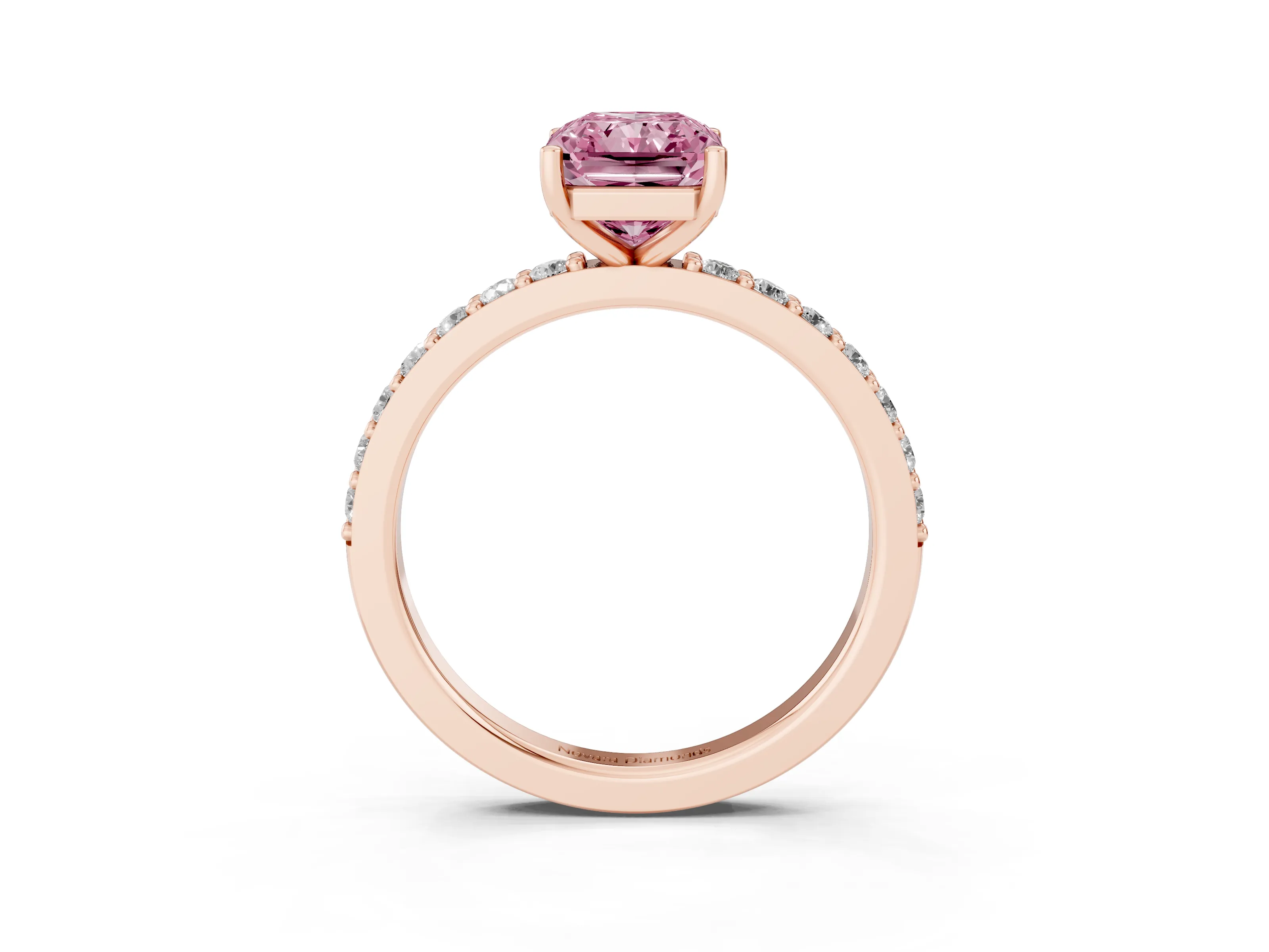 Fancy Pink Radiant Cut Diamond Solitaire Set in Rose gold with Round Pavé Band and Prong Setting