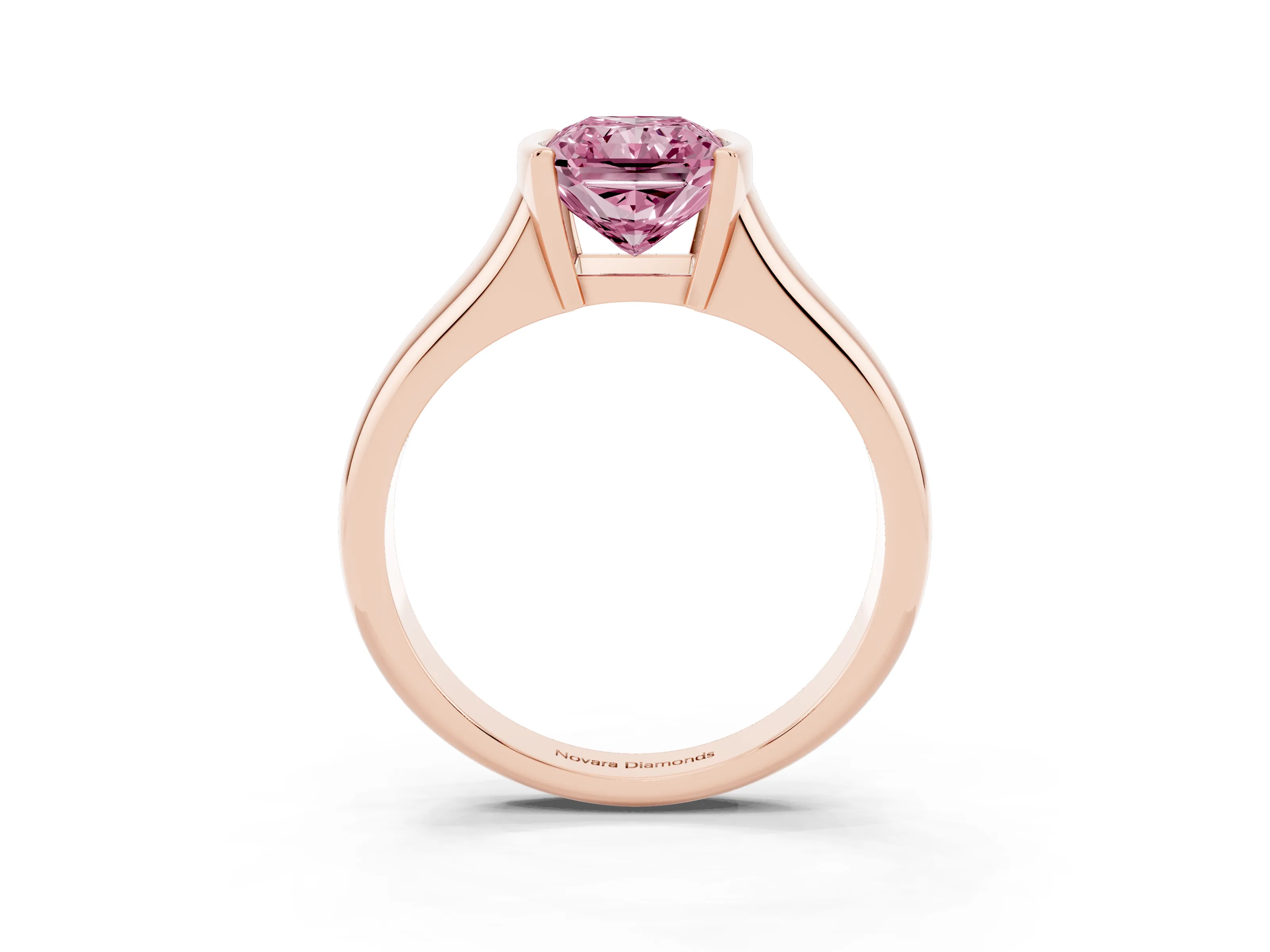 Fancy Pink Radiant Cut Diamond Solitaire Tension Set Ring Set in Rose gold with Split Shank Band
