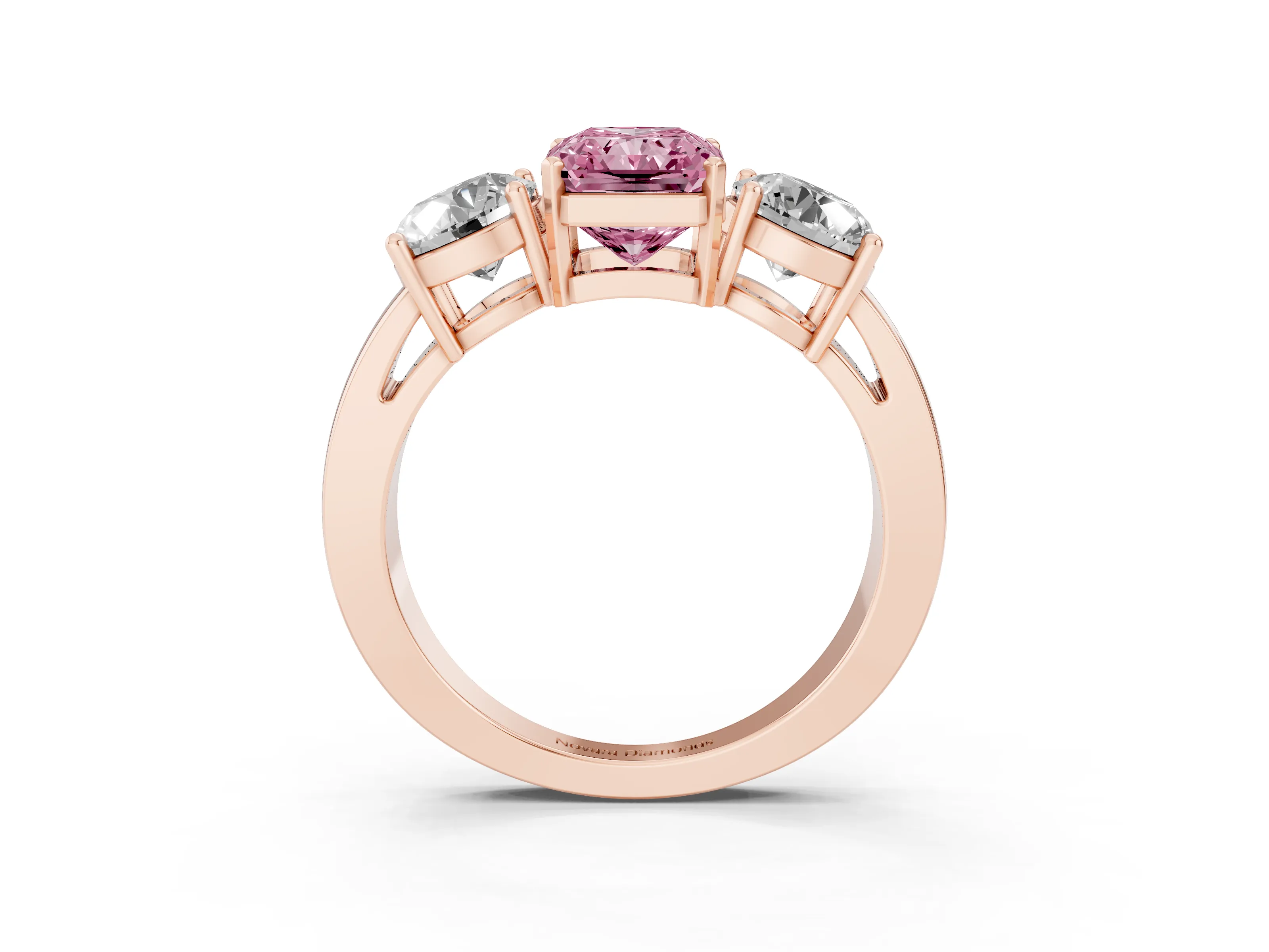 Fancy Pink Radiant Cut Diamond Three-Stone Ring Set in Rose gold with Round Side Stones and Classic Band