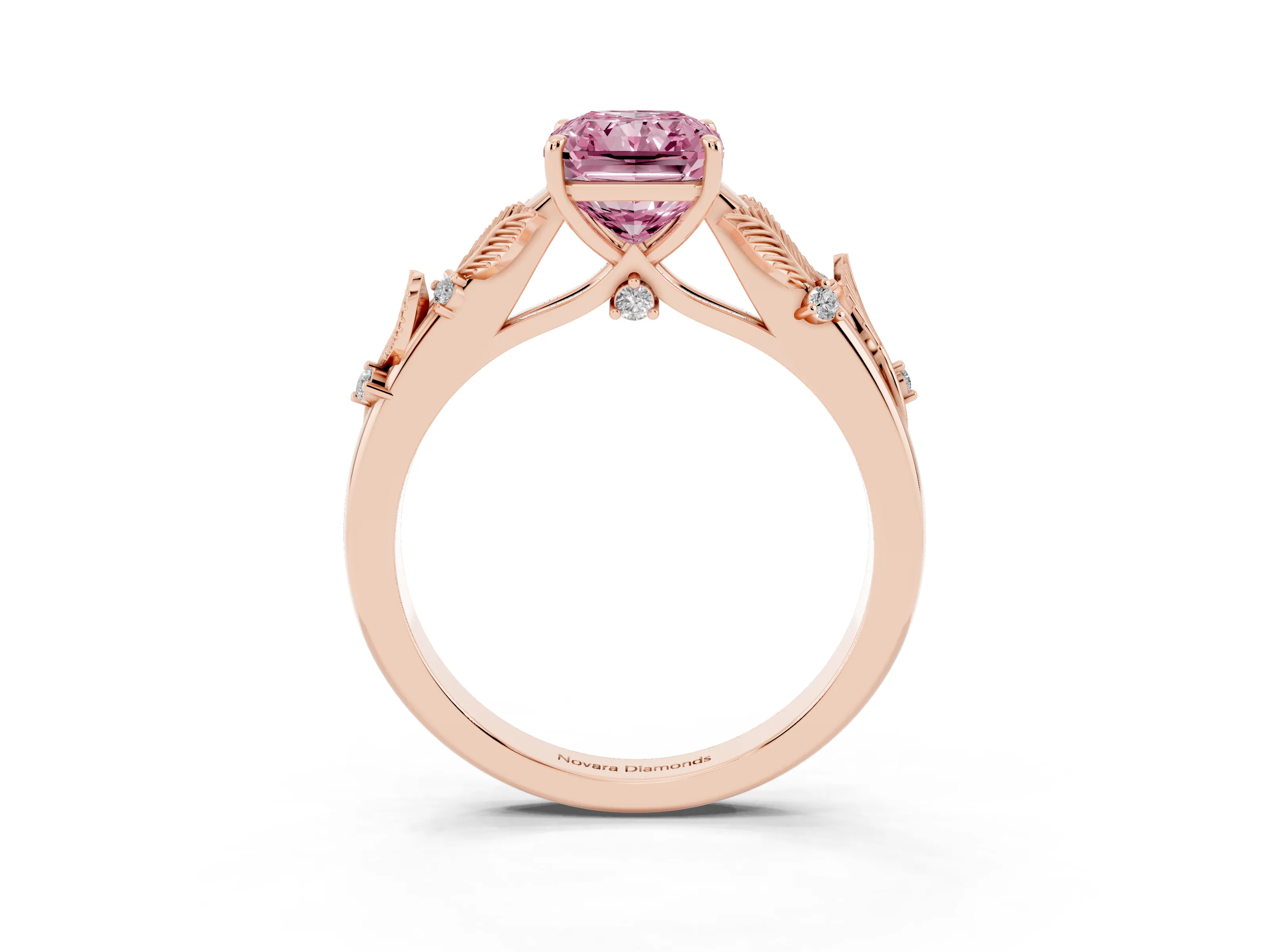 Fancy Pink Radiant Cut Diamond Solitaire Ring Set in Rose gold with Leaf Motif Band