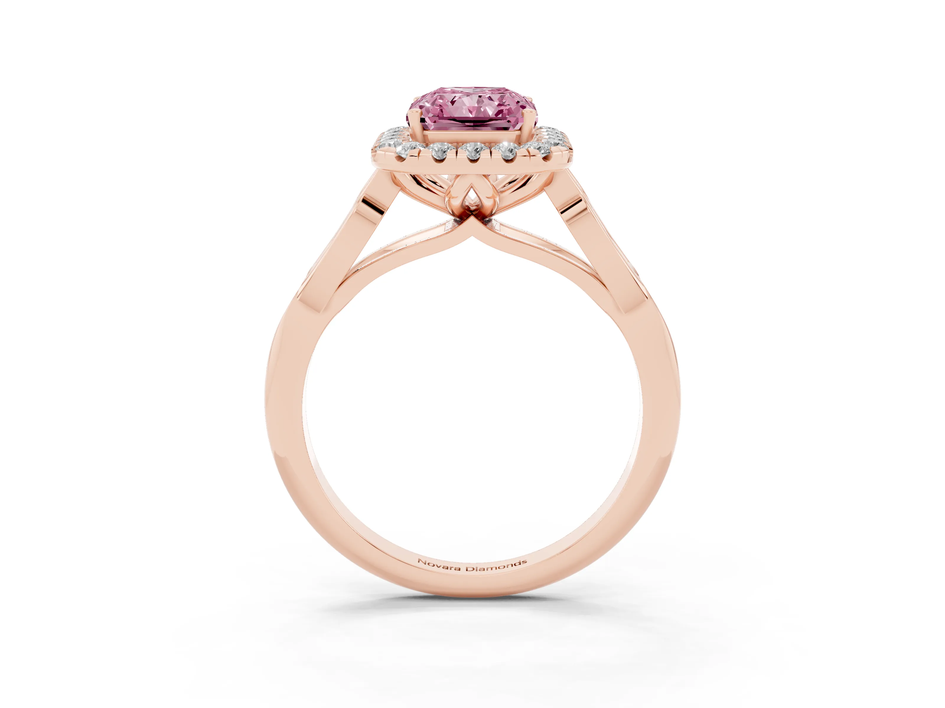 Fancy Pink Radiant Cut Diamond Halo Engagement Ring Set in Rose gold with Filigree Band and Prong-Set Center