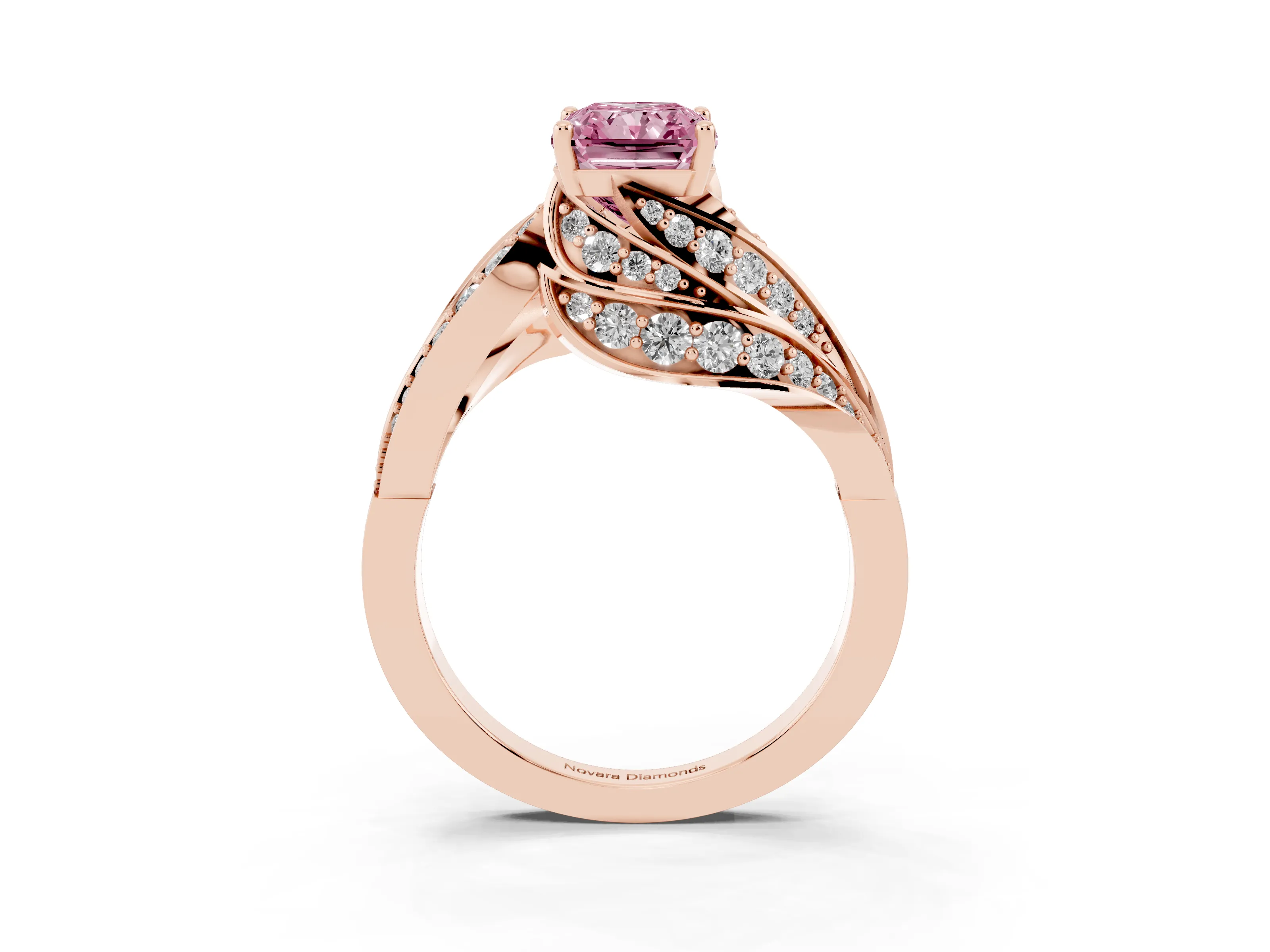 Fancy Pink Radiant Cut Diamond Solitaire Ring Set in Rose gold with Layered Twist Pavé Band