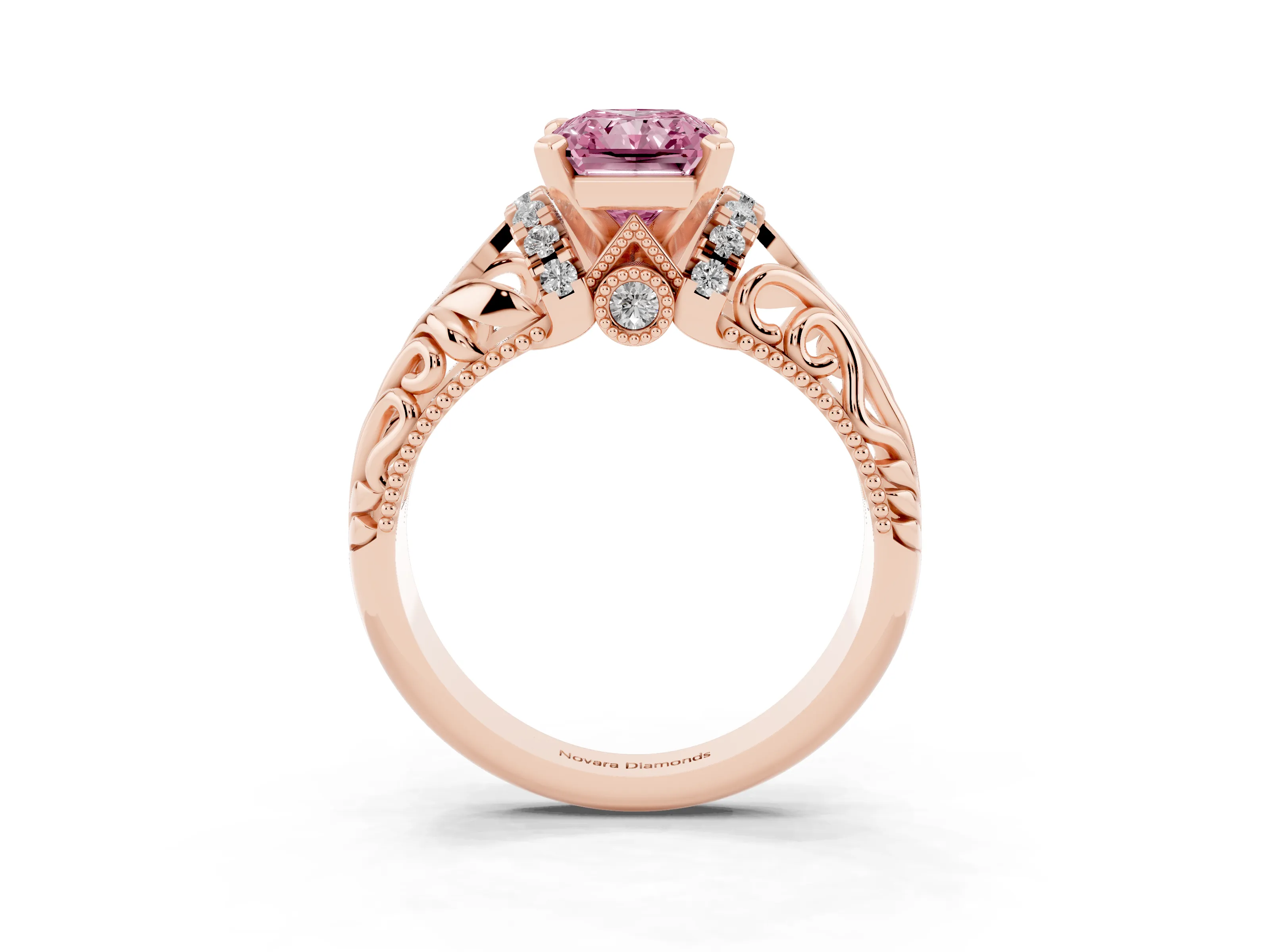 Fancy Pink Radiant Cut Diamond Filigree Halo Engagement Ring Set in Rose gold with Prong Setting