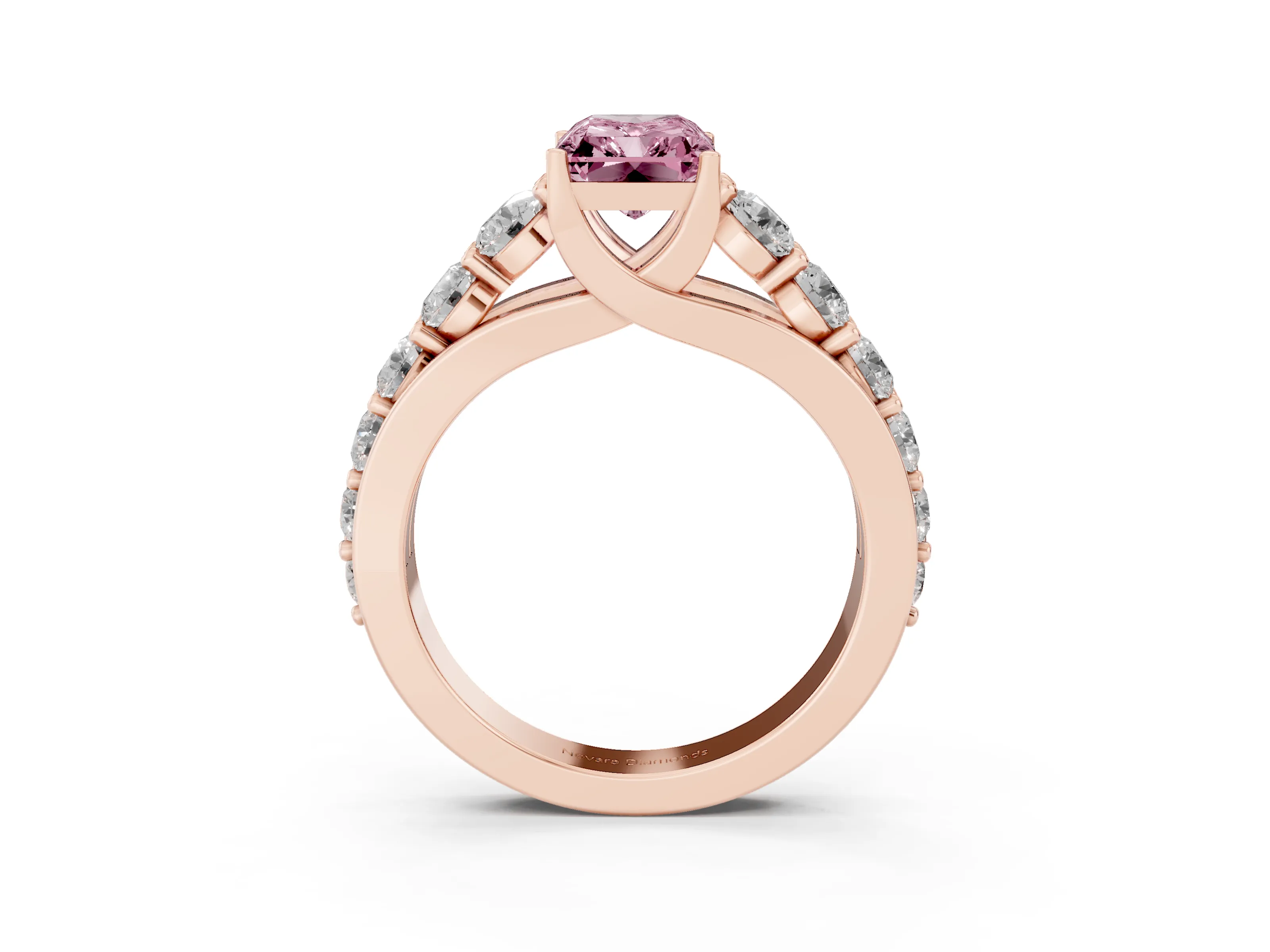 Fancy Pink Radiant Cut Diamond Pavé Engagement Ring Set in Rose gold with Prong Setting