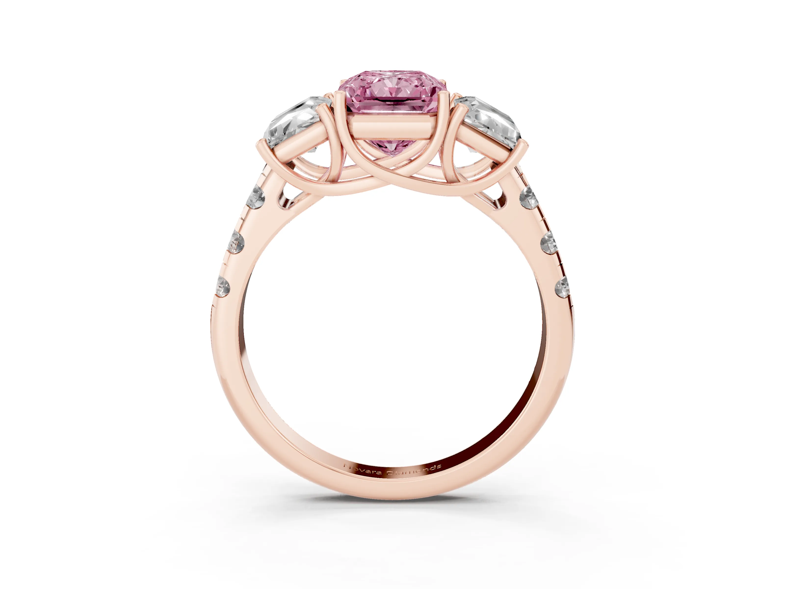 Fancy Pink Radiant Cut Diamond Three-Stone Ring Set in Rose gold with Pavé Band
