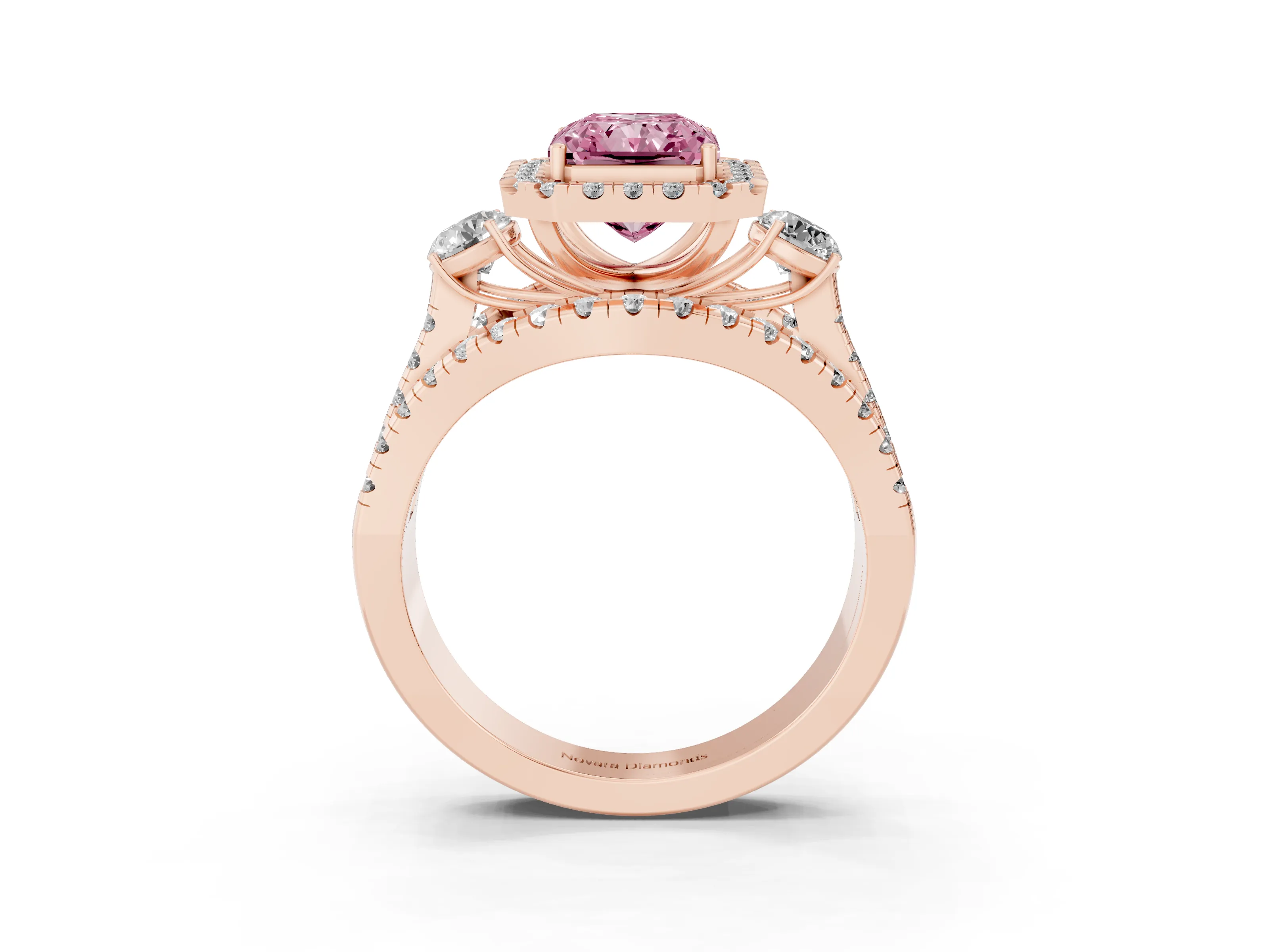 Fancy Pink Radiant Cut Diamond Halo Split Shank Ring Set in Rose gold with Round Accent Stones and Prong Setting