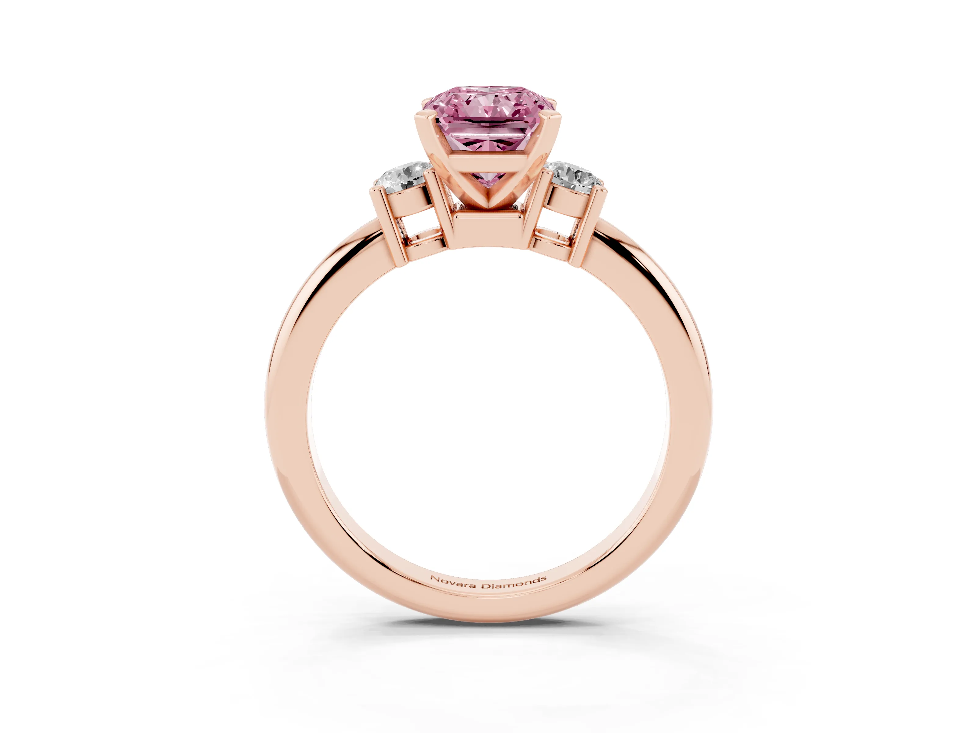 Fancy Pink Three-Stone Radiant Cut Diamond Ring Set in Rose gold with Prong Setting and Plain Band