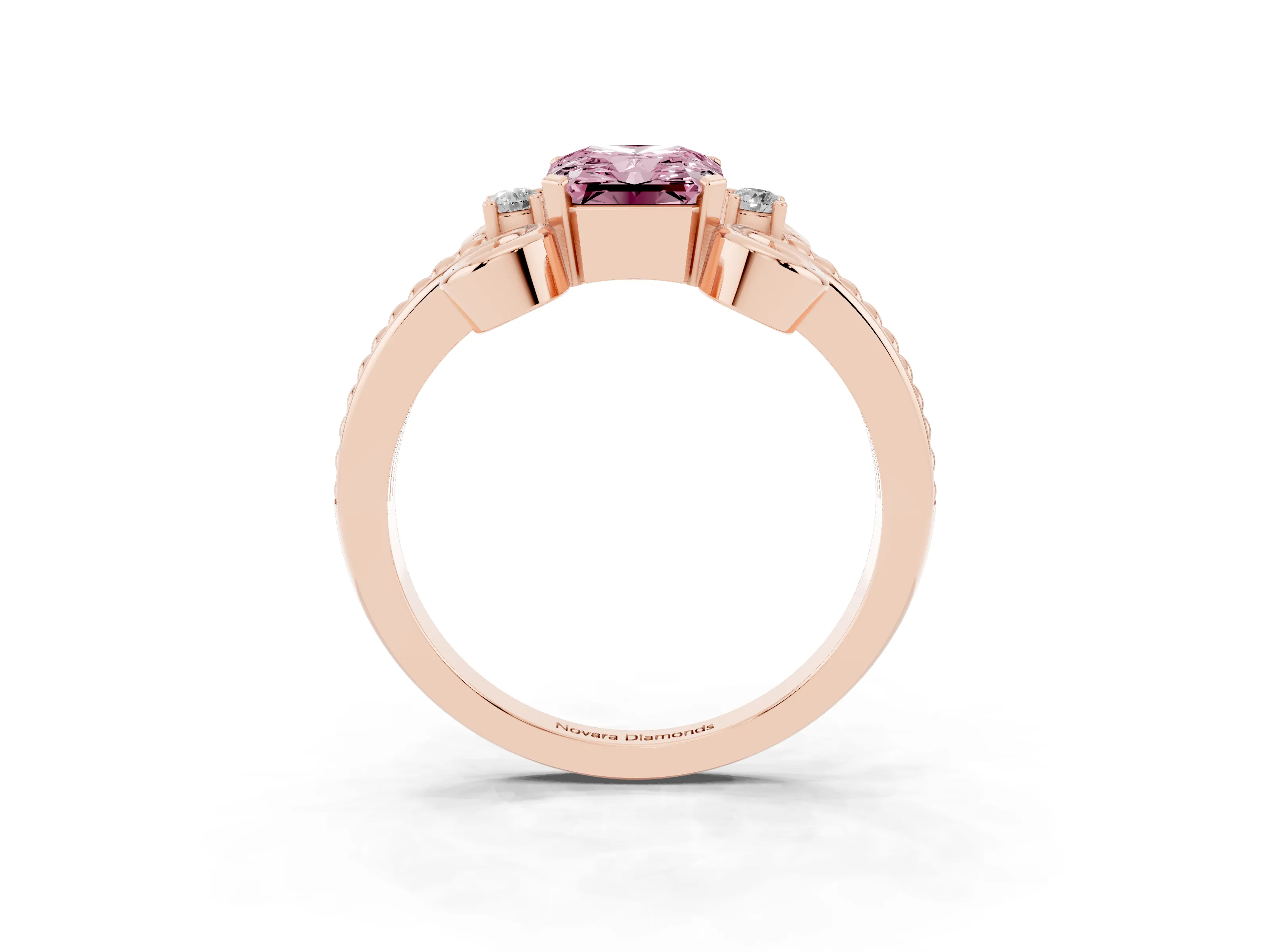 Fancy Pink Radiant Cut Diamond Twisted Band Solitaire Ring Set in Rose gold with Scroll Prongs