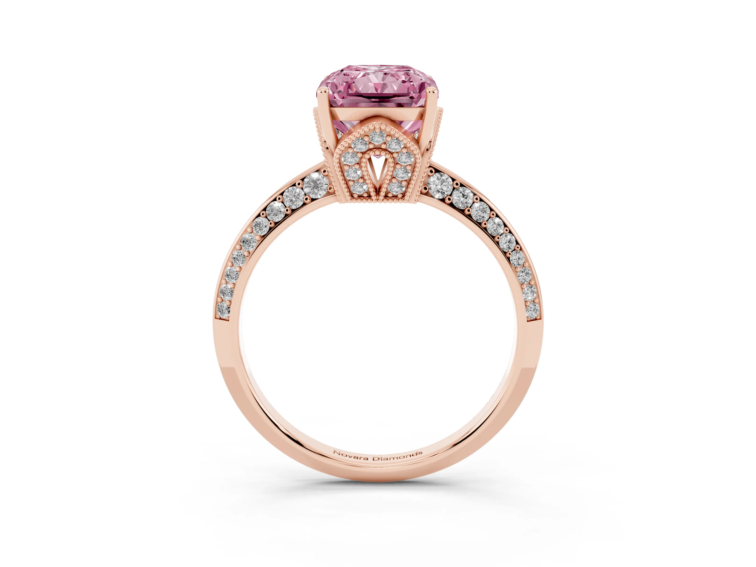Fancy Pink Radiant Cut Diamond Solitaire Engagement Ring Set in Rose gold with Pavé Split Shank and Prong Setting