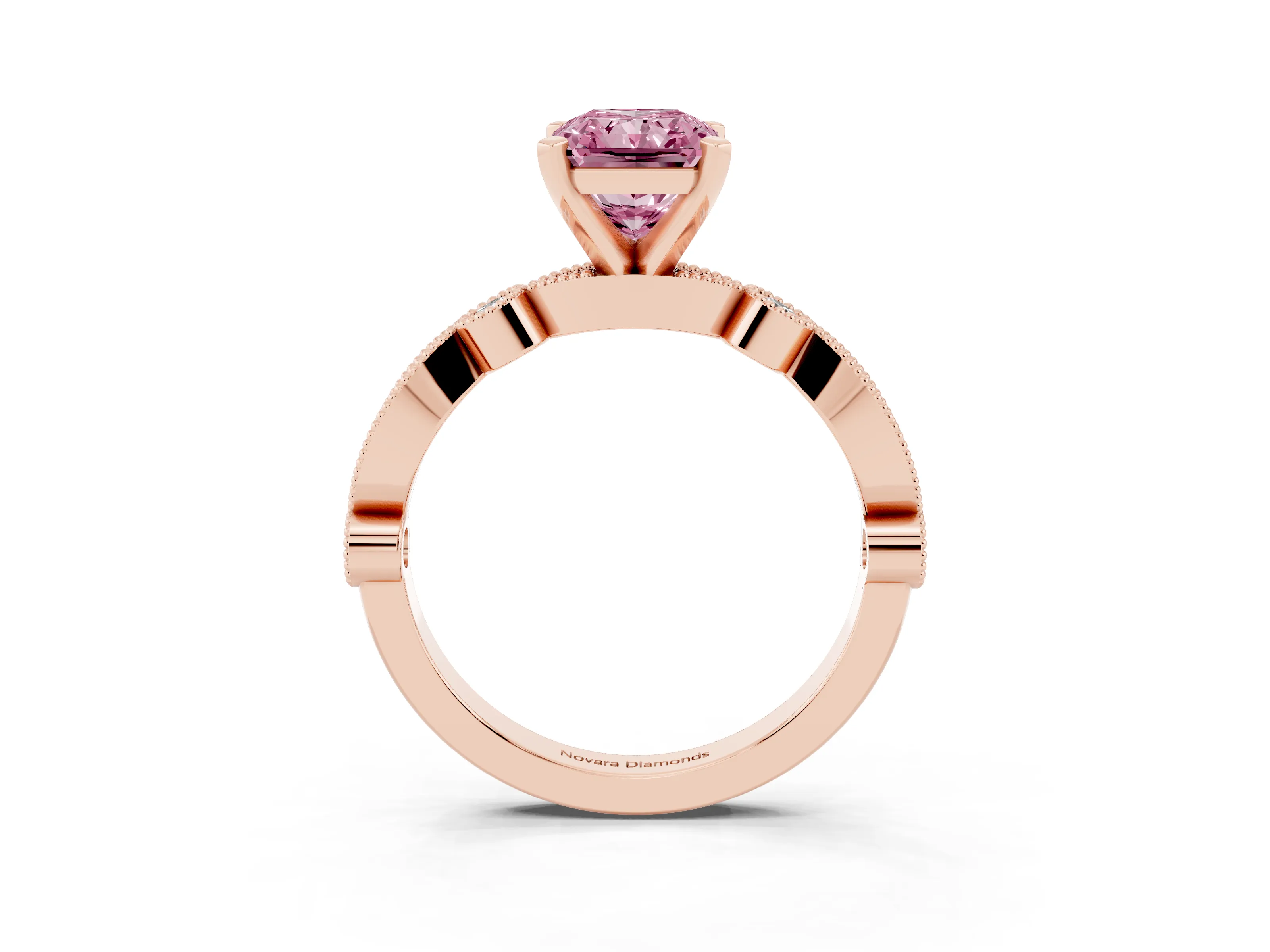 Fancy Pink Radiant Cut Diamond Solitaire Engagement Ring Set in Rose gold with Milgrain Bezel Accent Band