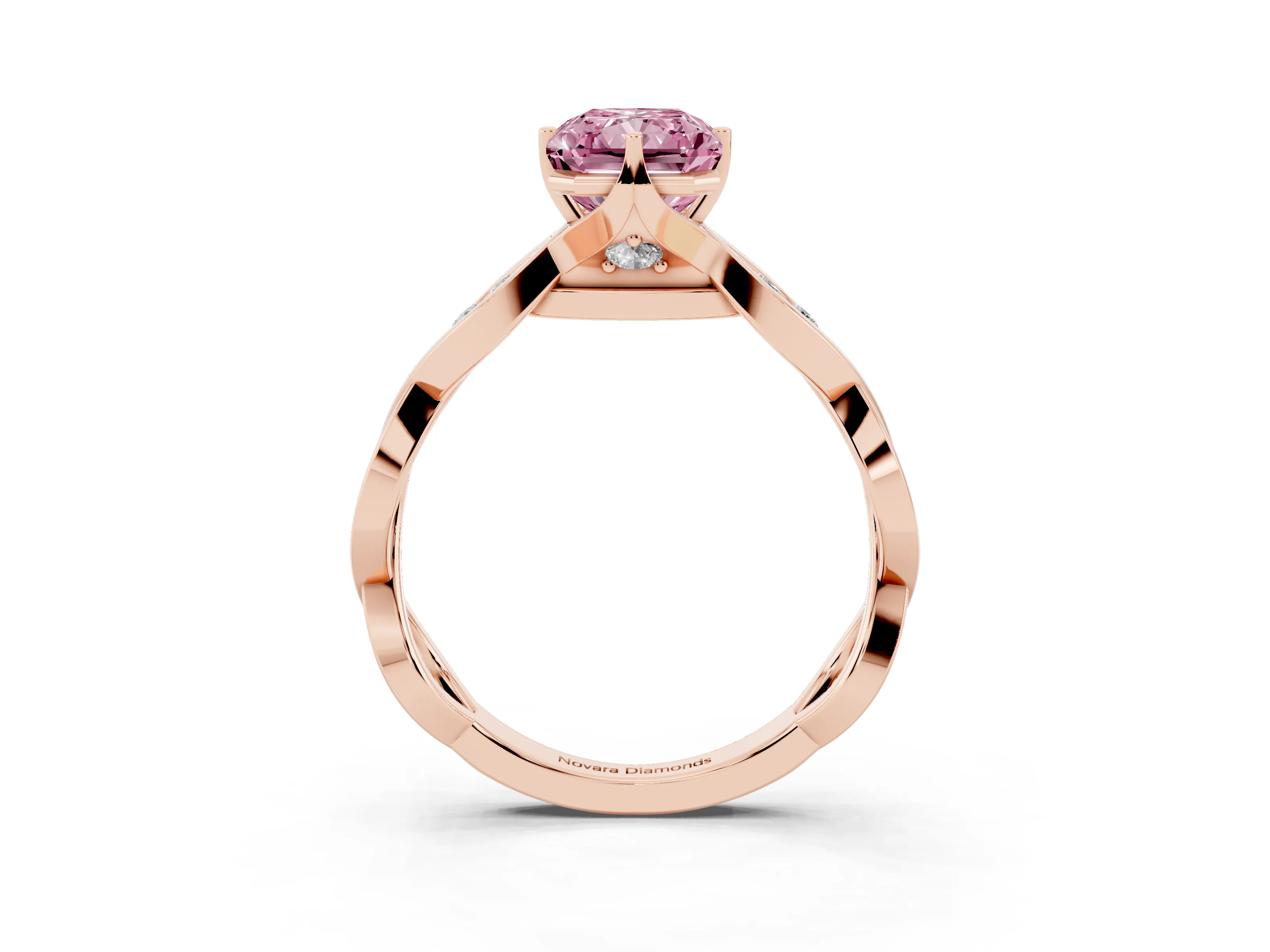 Fancy Pink Radiant Cut Diamond Twist Band Solitaire Ring Set in Rose gold with Leaf Prong Setting and Accent Stones
