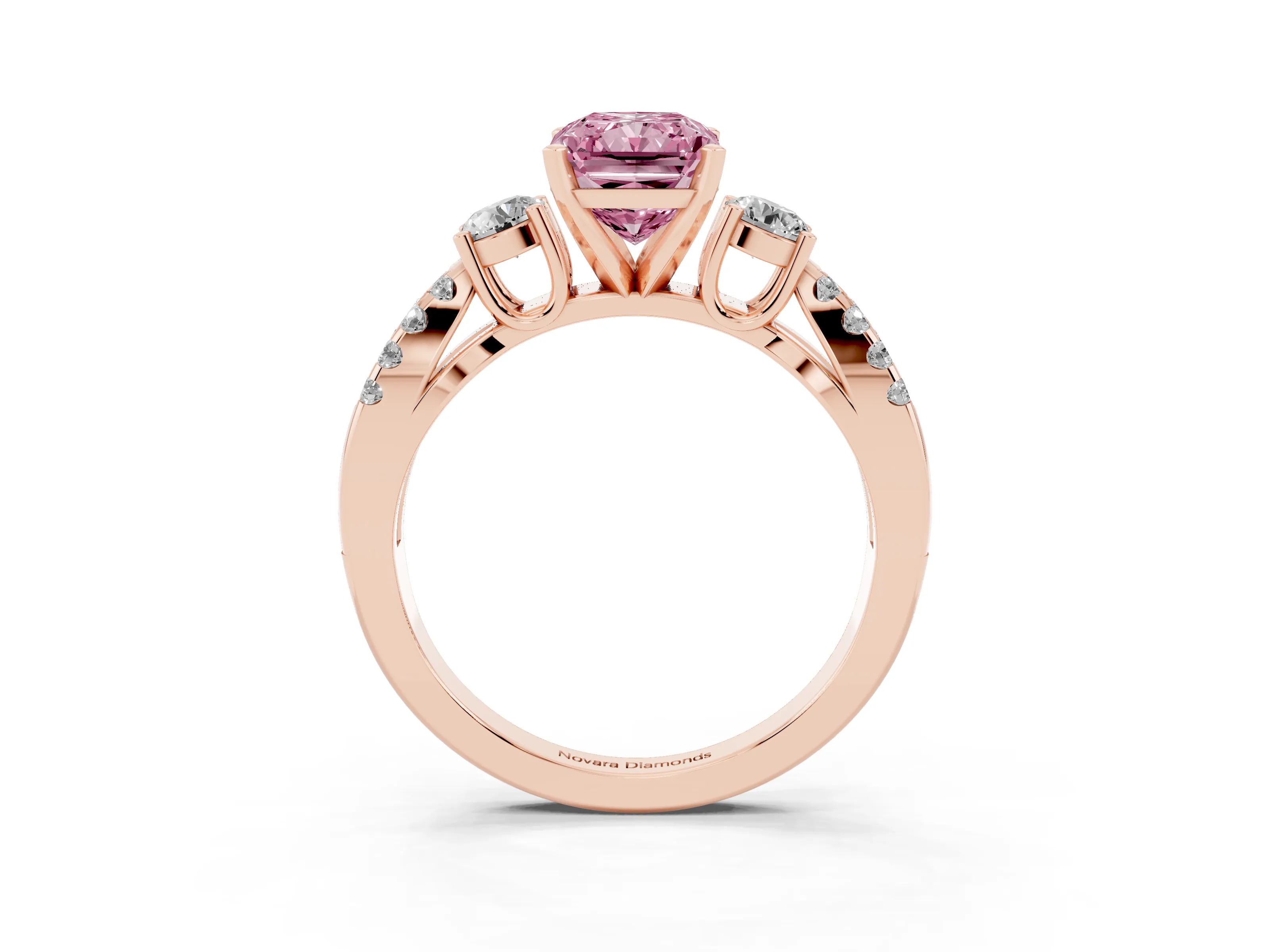 Fancy Pink Radiant Cut Diamond Three-Stone Ring Set in Rose gold with Pavé Split Shank and Prong Setting